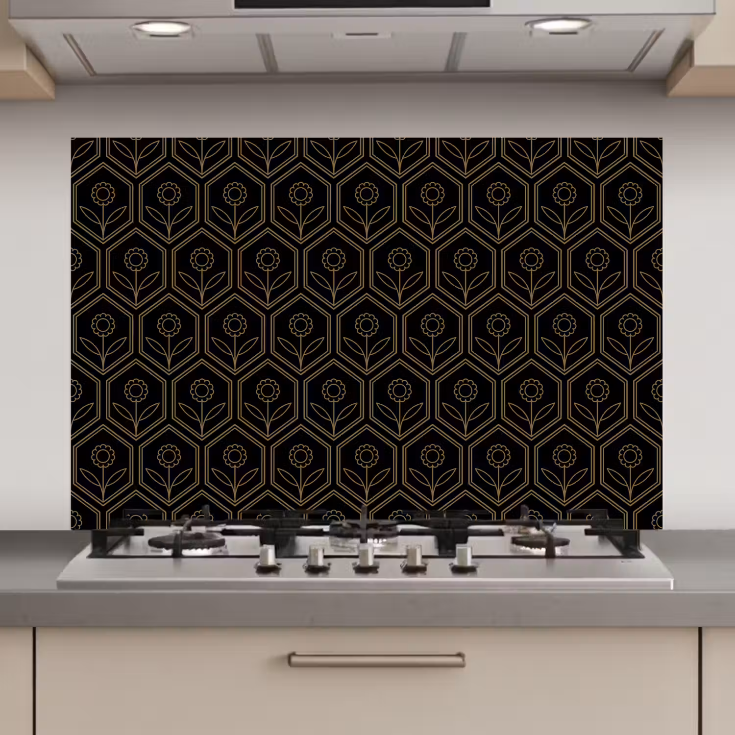 Zeshoek - Zwart - Goud - Bloem keuken achterwand spatscherm klein 900 -3d_website