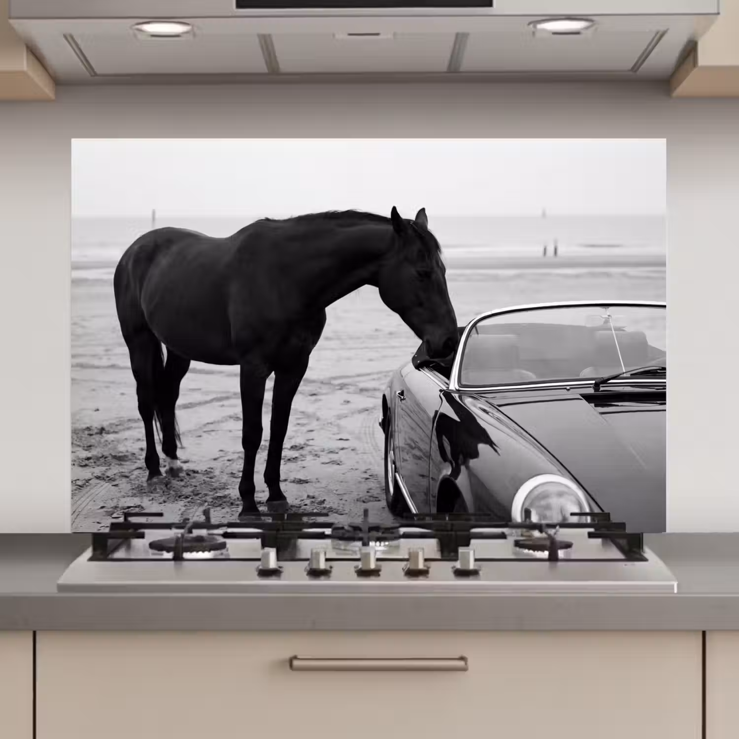Paard - Auto - Zwart - Wit keuken achterwand spatscherm klein -3d_website