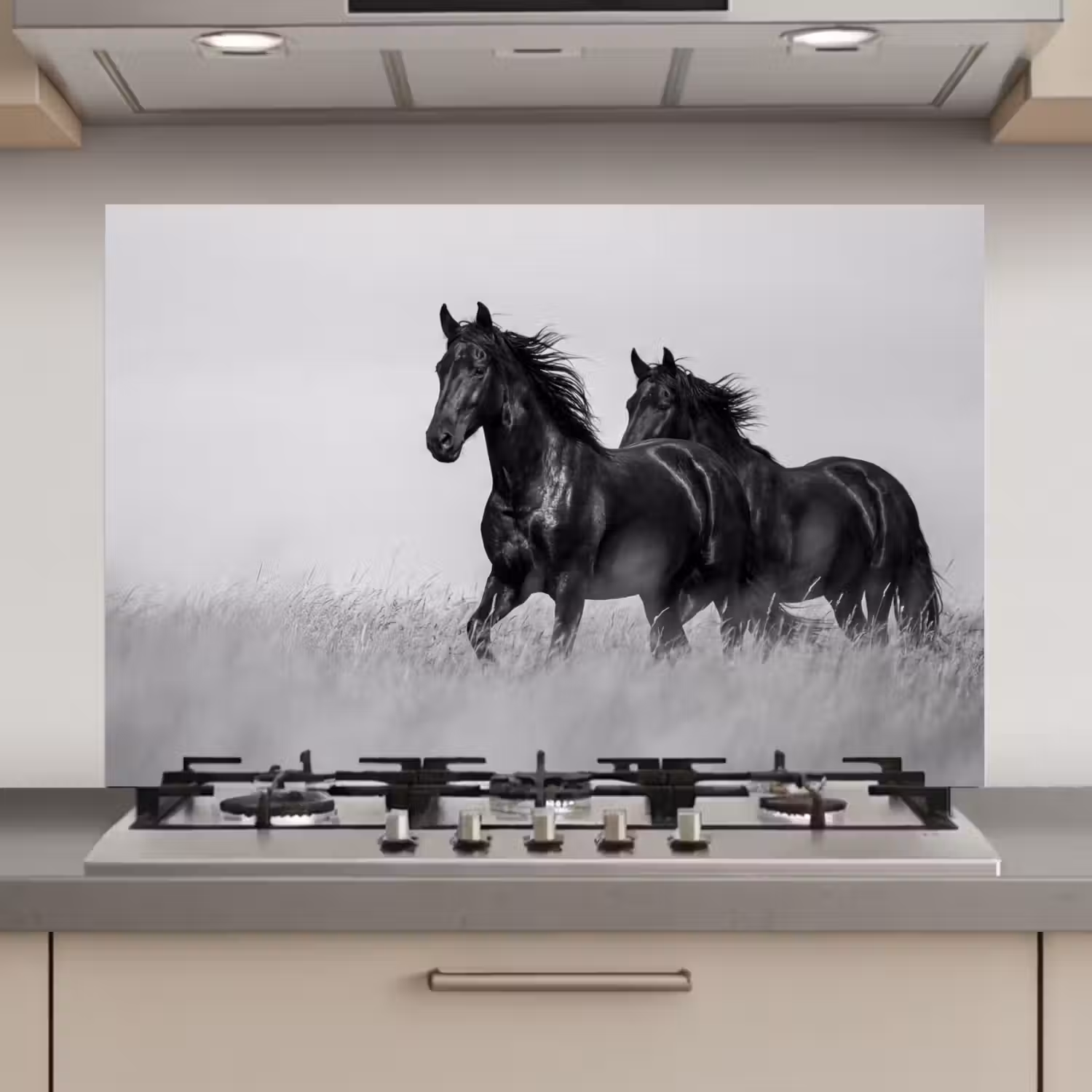 Paarden - Gras - Zwart - Wit keuken achterwand spatscherm klein -3d_website