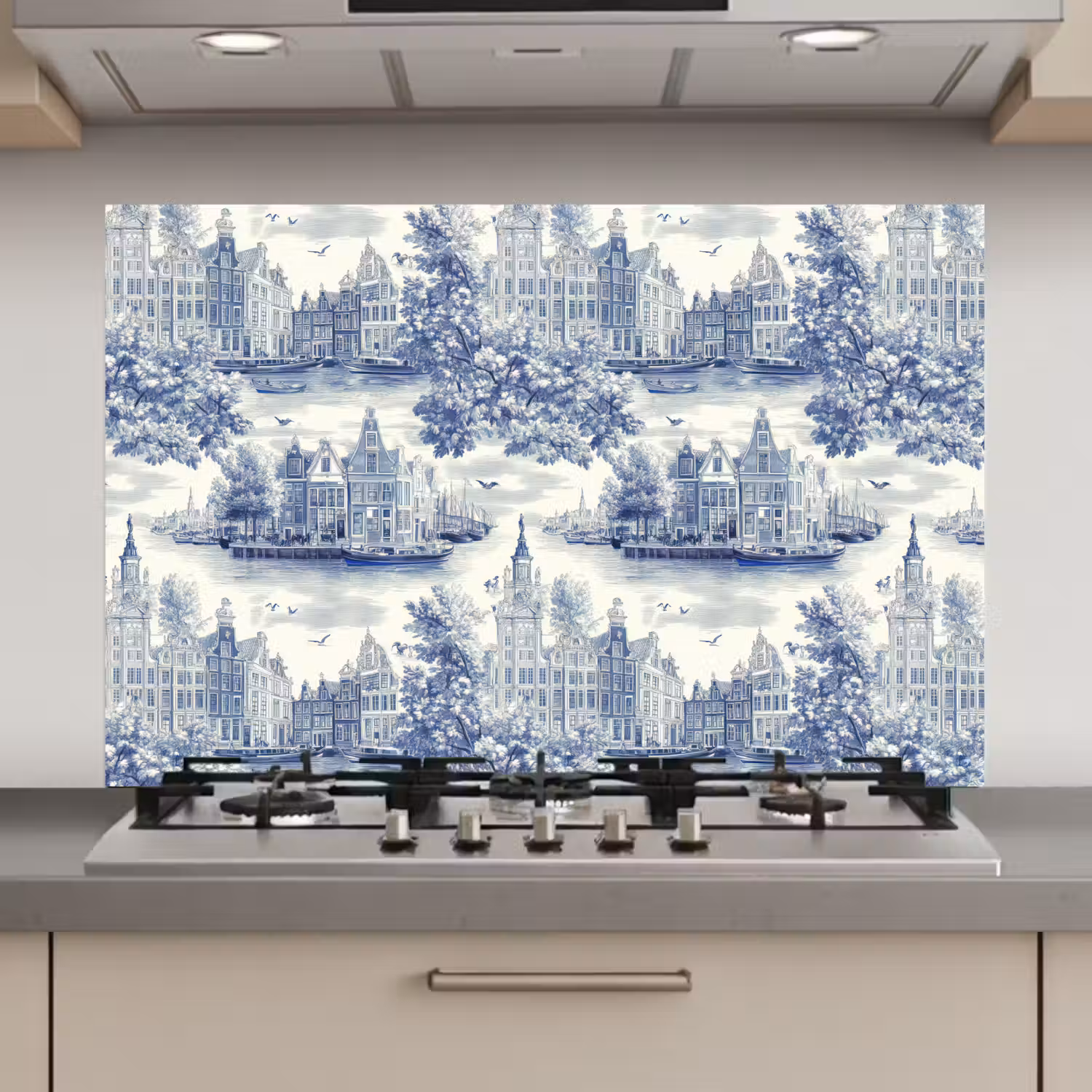 Huizen - Bomen - Water - Vogels - Blauw keuken achterwand spatscherm klein 900 -3d_website