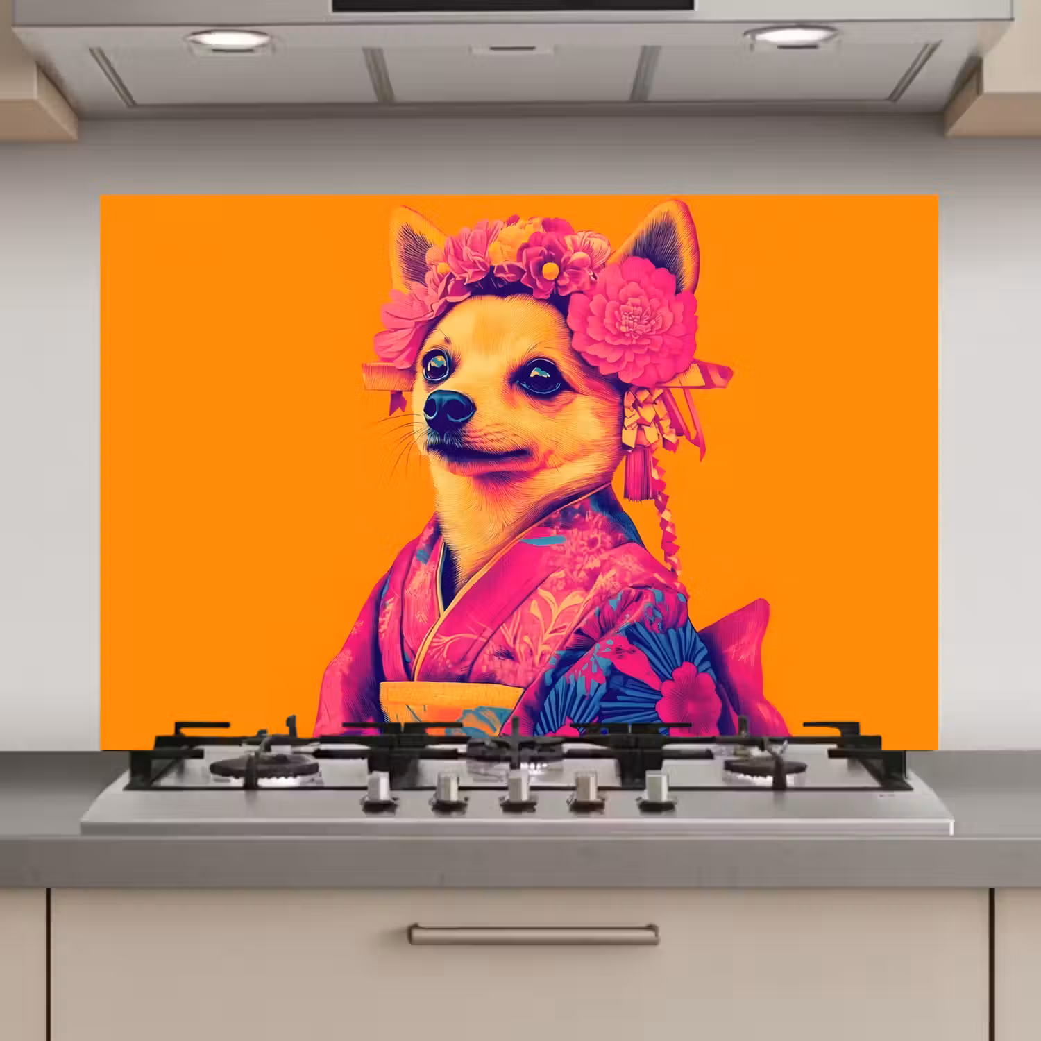 Kimono - Hondje - Bloemenkroon - Oranje keuken achterwand spatscherm klein -3d_website