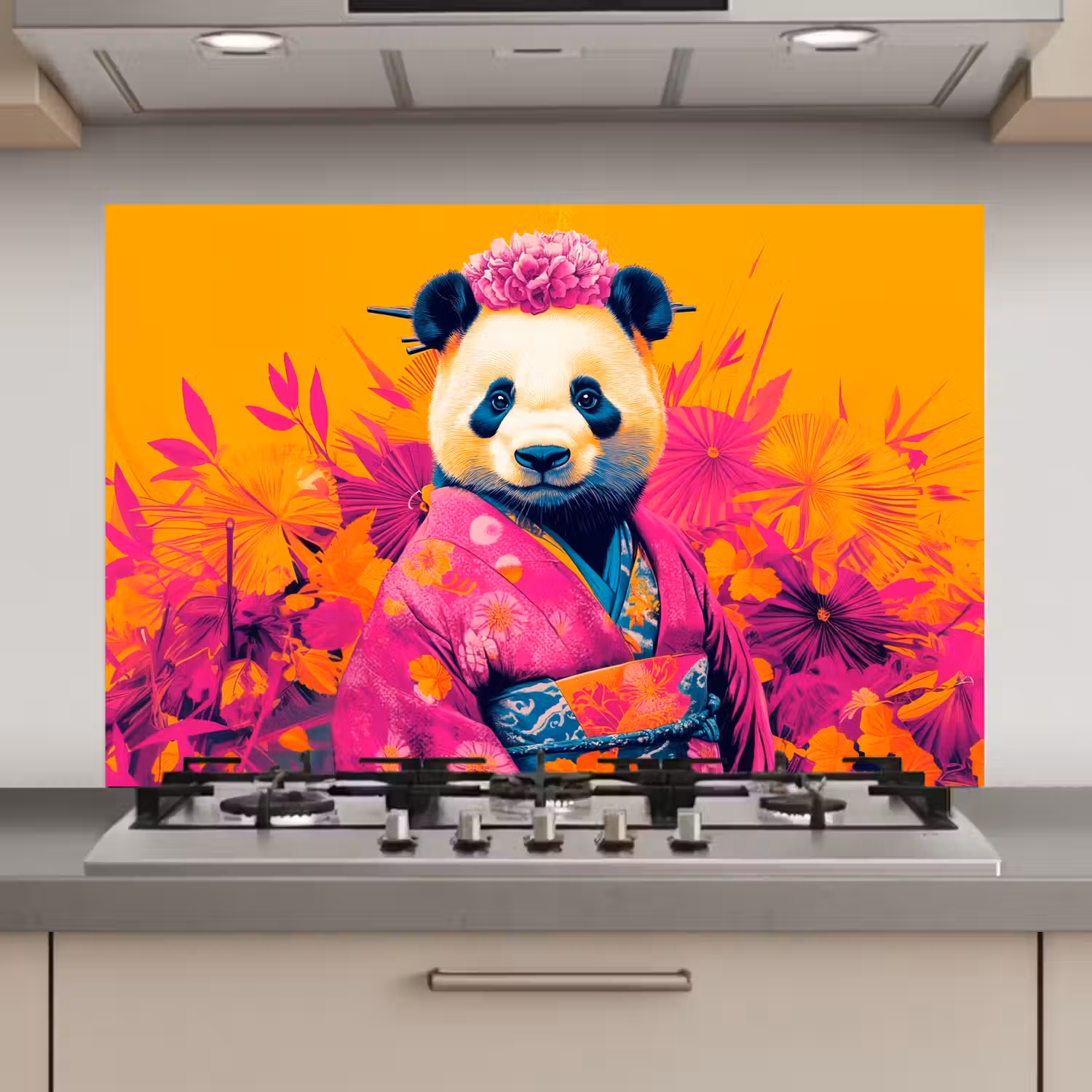 Kimono - Roze - Panda - Bloemenkroon keuken achterwand spatscherm klein -3d_website