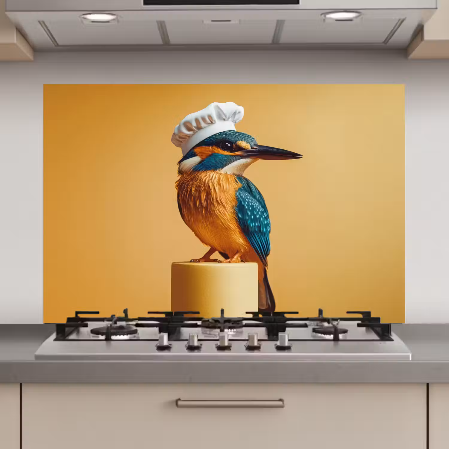 Ijsvogel - Pilaar - Koksmuts - Vogel keuken achterwand spatscherm klein -3d_website