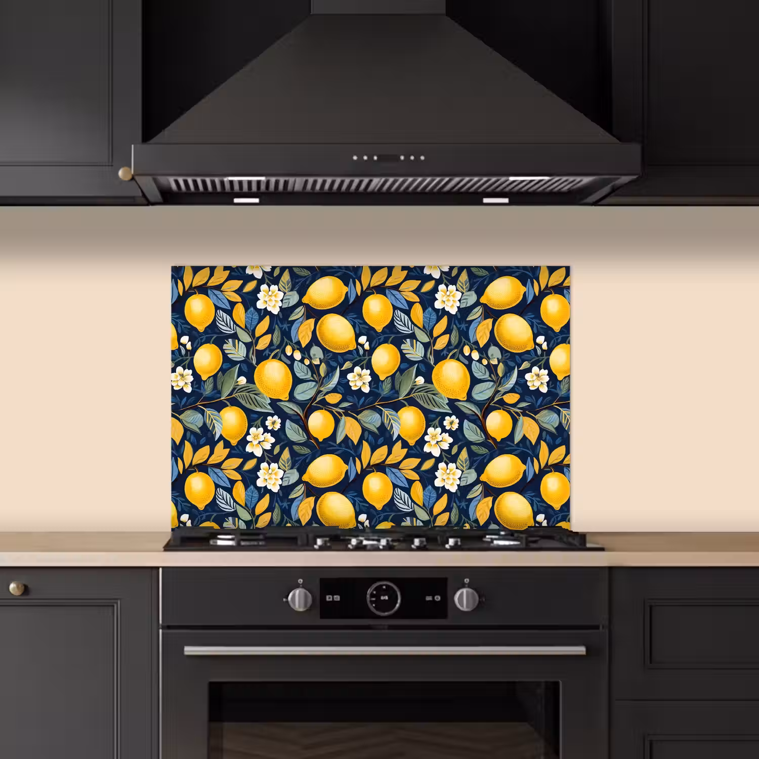 Citroenen - Bloemen - Bladeren - Blauw keuken achterwand spatscherm klein 900 -sfeer1
