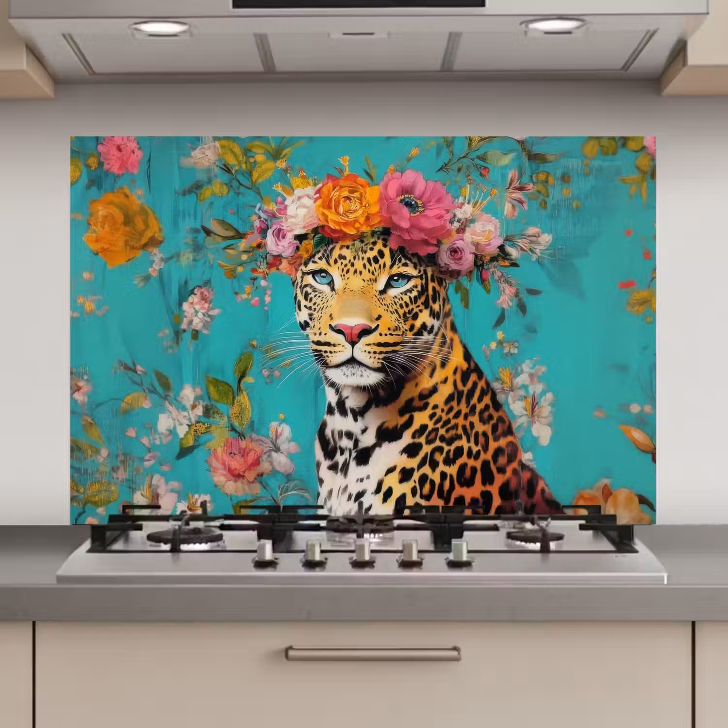 Luipaard - Bloemen - Kroon keuken achterwand spatscherm klein -3d_website