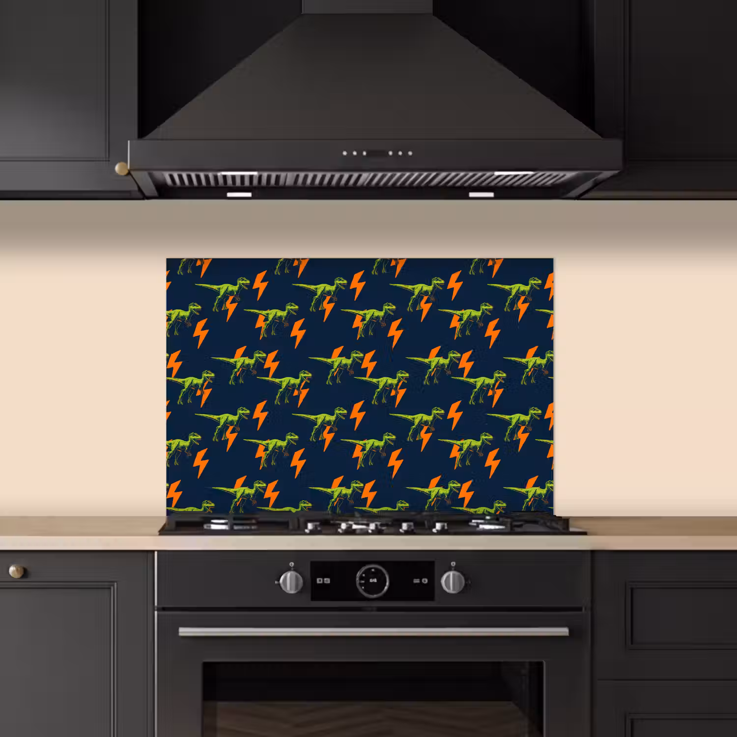 Bliksemschichten - Oranje - Dinosaurussen keuken achterwand spatscherm klein -sfeer1