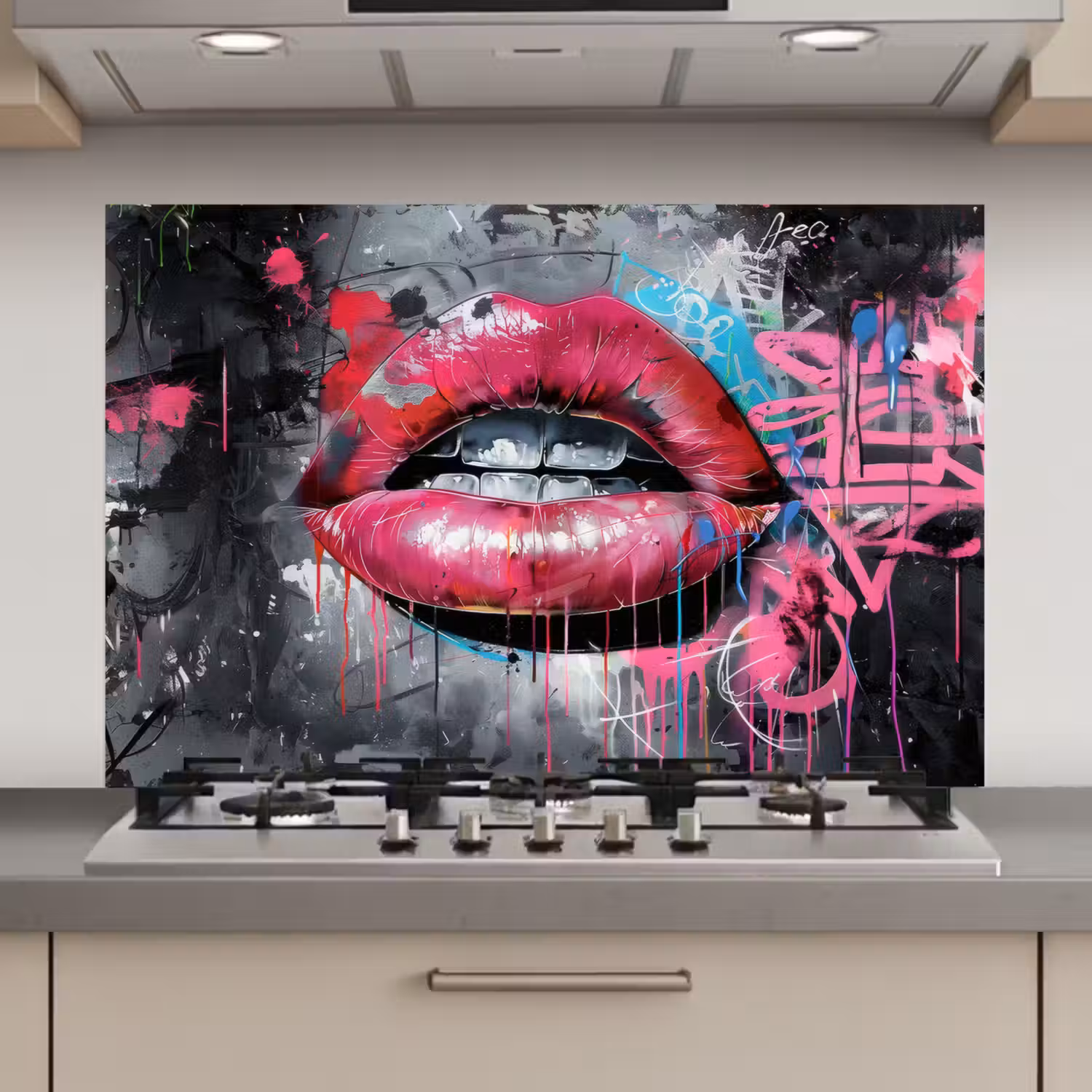Lippen - Felroze - Graffiti - Verfstrepen keuken achterwand spatscherm klein -3d_website