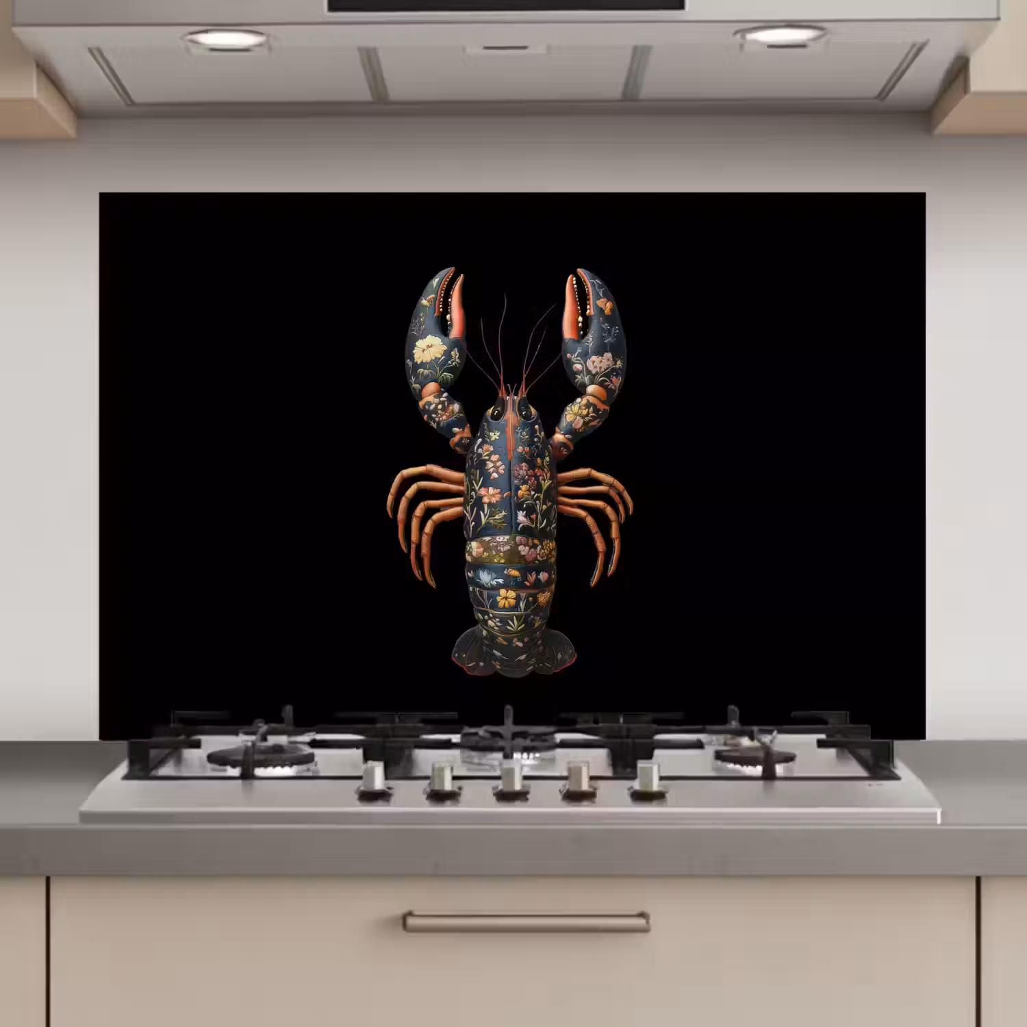 Kreeft - Zwart - Bloemenpatroon - Artistiek keuken achterwand spatscherm klein -3d_website