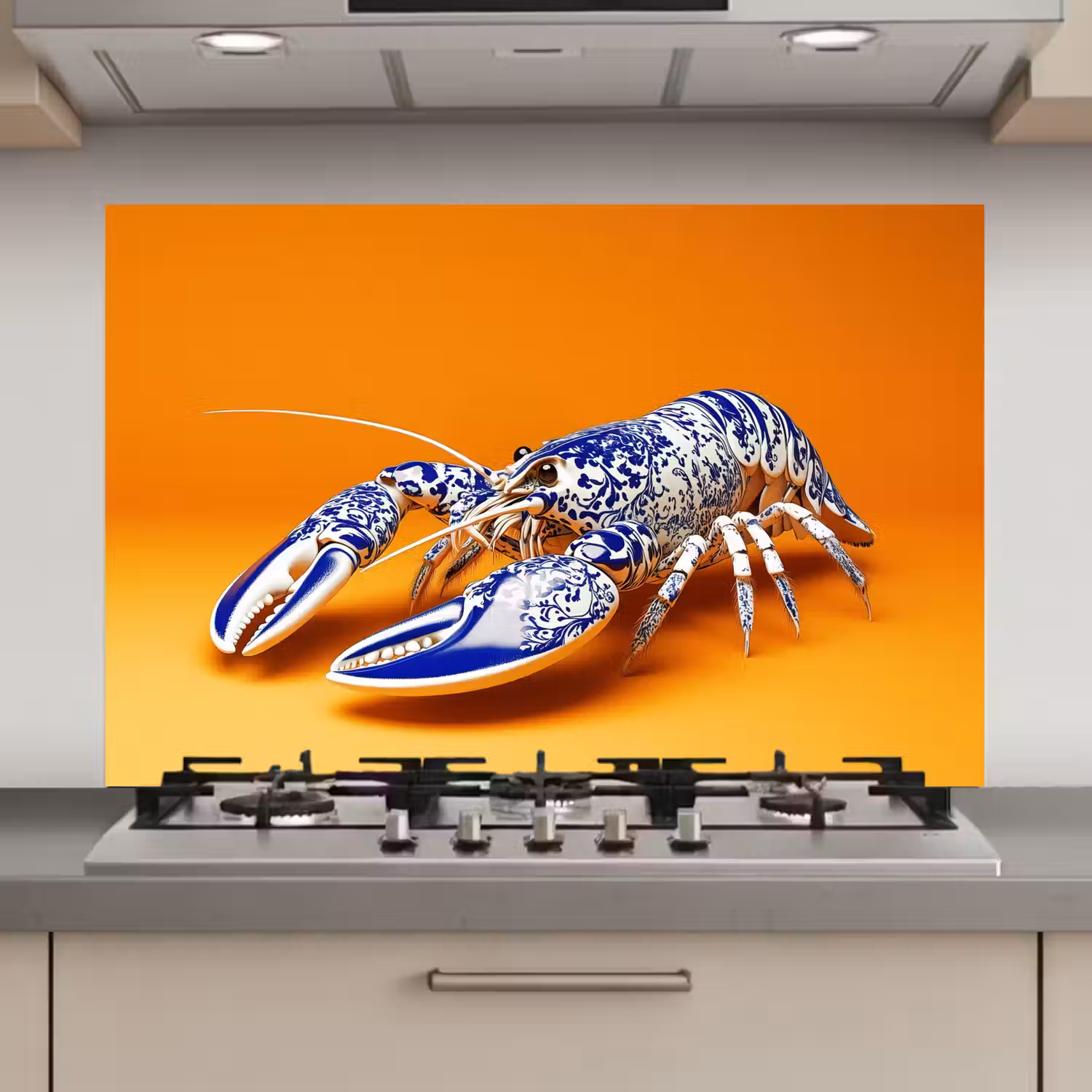 Kreeft - Delftsblauw - Schild - Stoer - Oranje keuken achterwand spatscherm klein -3d_website