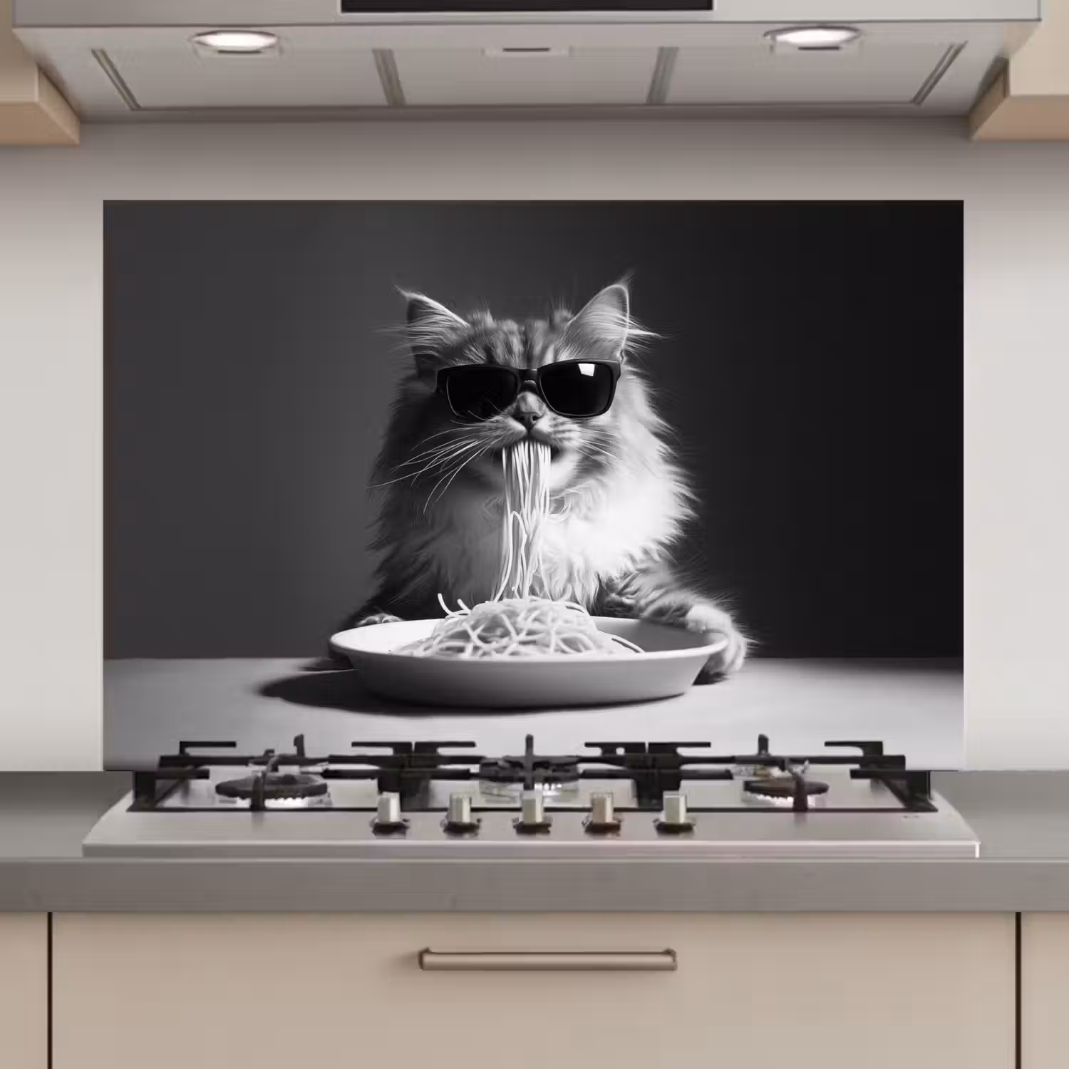 Langharige kat - Zonnebril - Spaghetti - Humor - Zwart - wit keuken achterwand spatscherm klein -3d_website