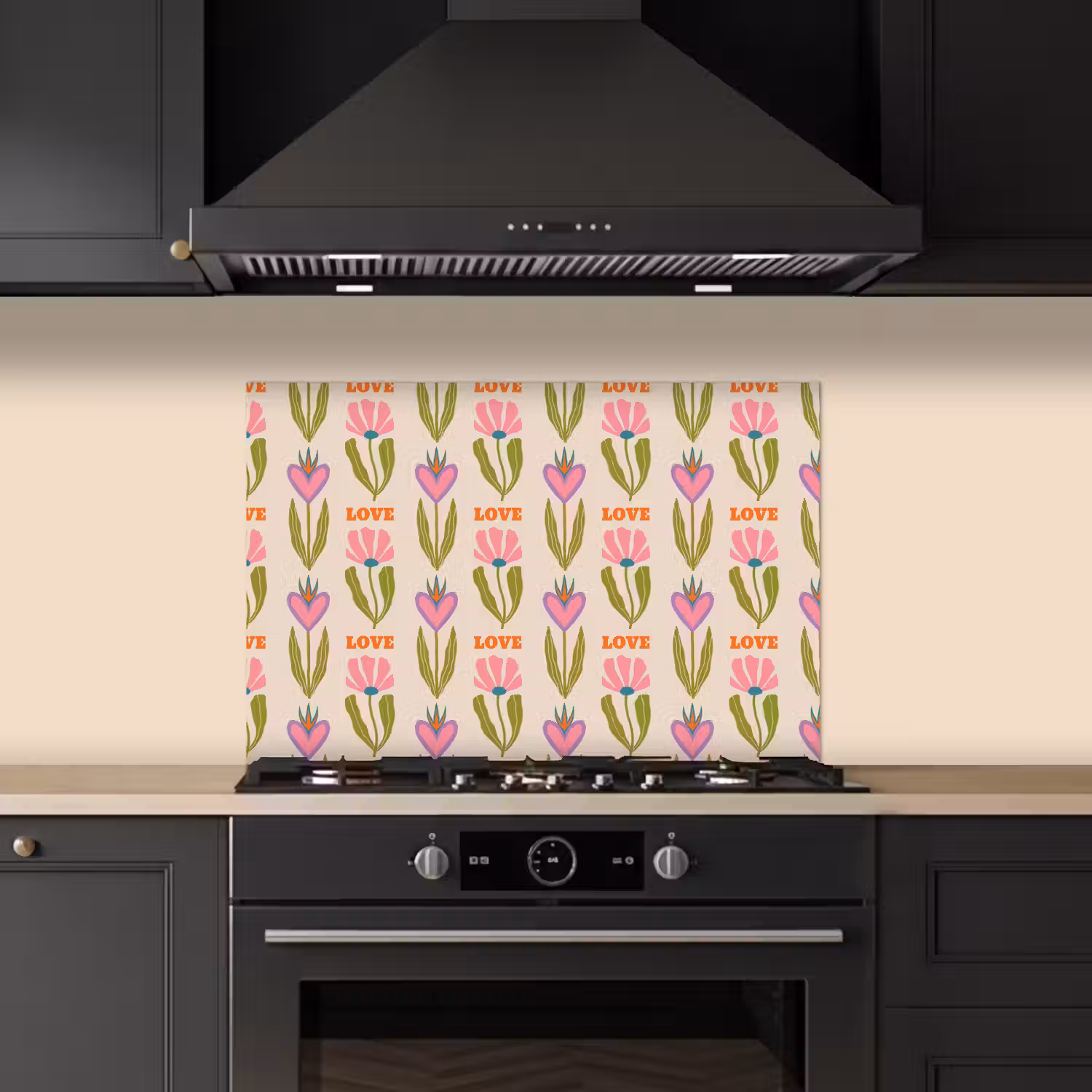 Love - Patroon - Bloemen - Hartjes keuken achterwand spatscherm klein 900 -sfeer1