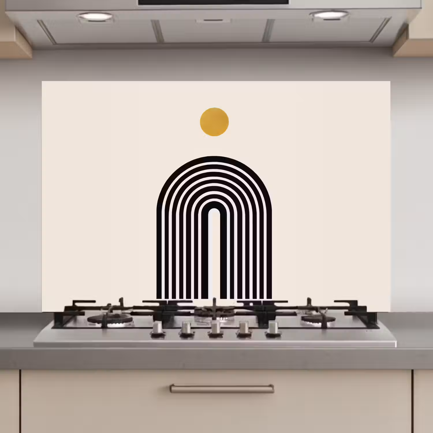 Minimalistisch - Zwarte boog - Gouden cirkel keuken achterwand spatscherm klein -3d_website
