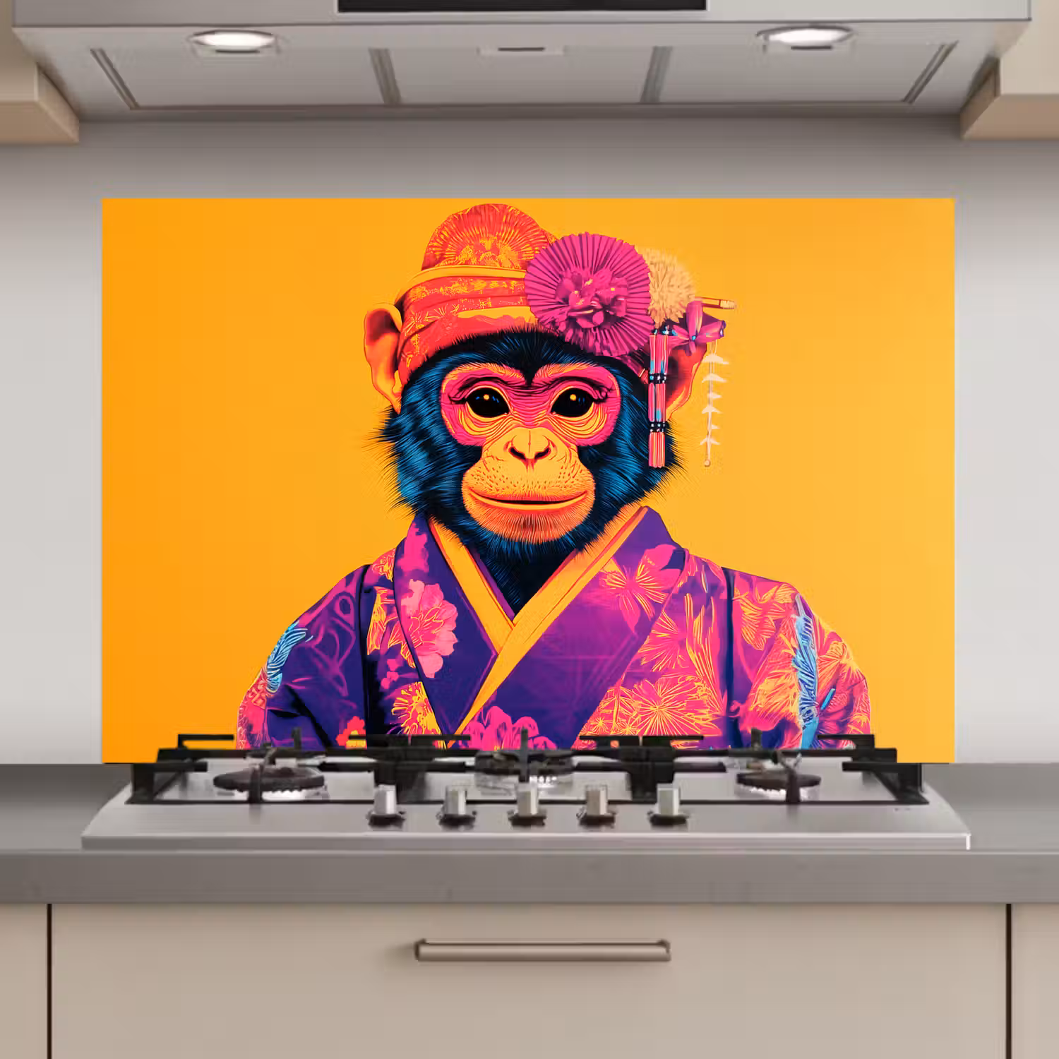 Aap - Kimono - Bloemen - Hoofdtooi keuken achterwand spatscherm klein -3d_website