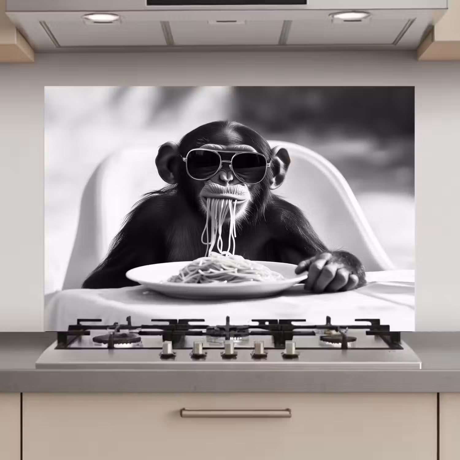 Aap - Spaghetti - Zonnebril - Zwart wit - Cool - Dier keuken achterwand spatscherm klein -3d_website