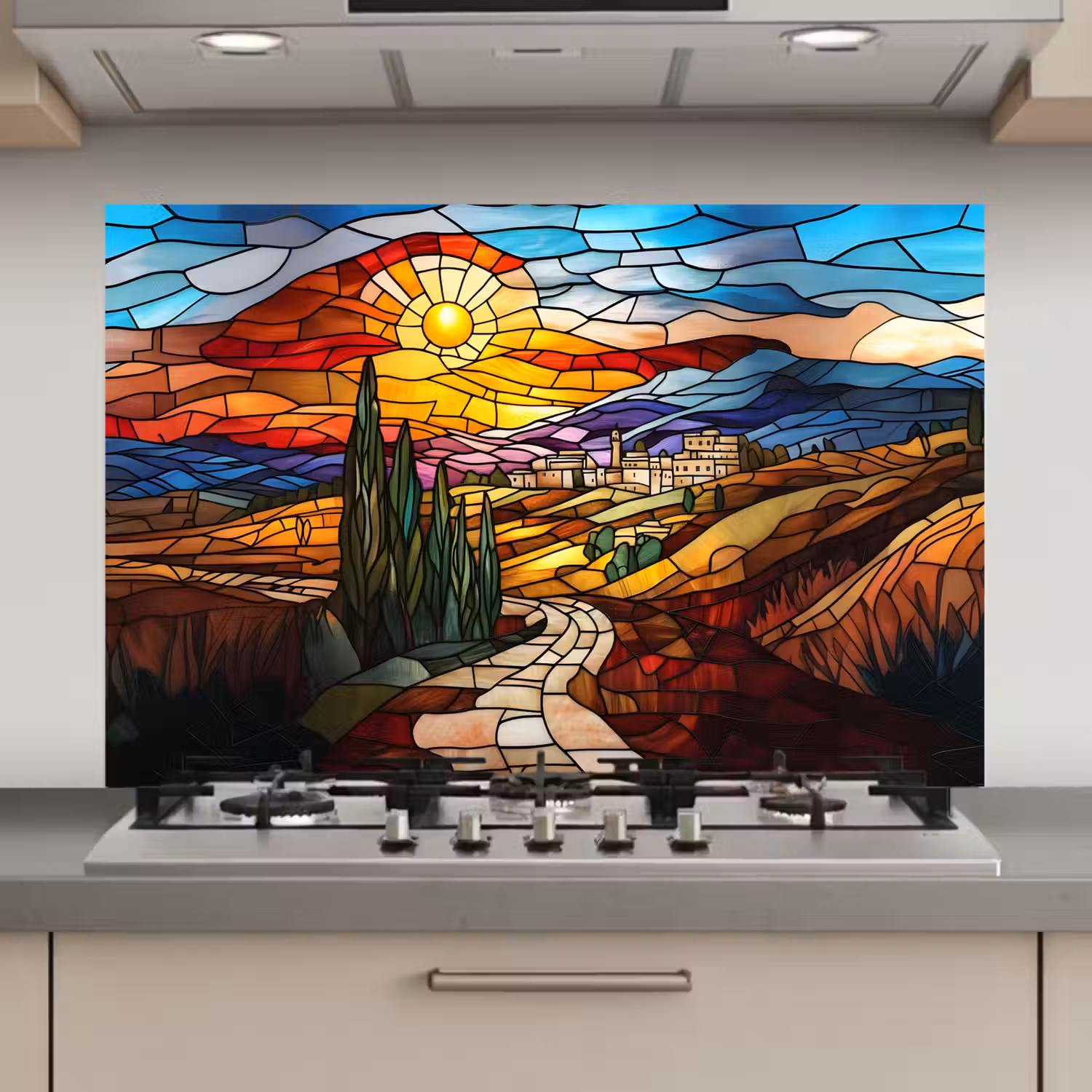 Mozaïek - Zon - Landschap - Dorp keuken achterwand spatscherm klein -3d_website