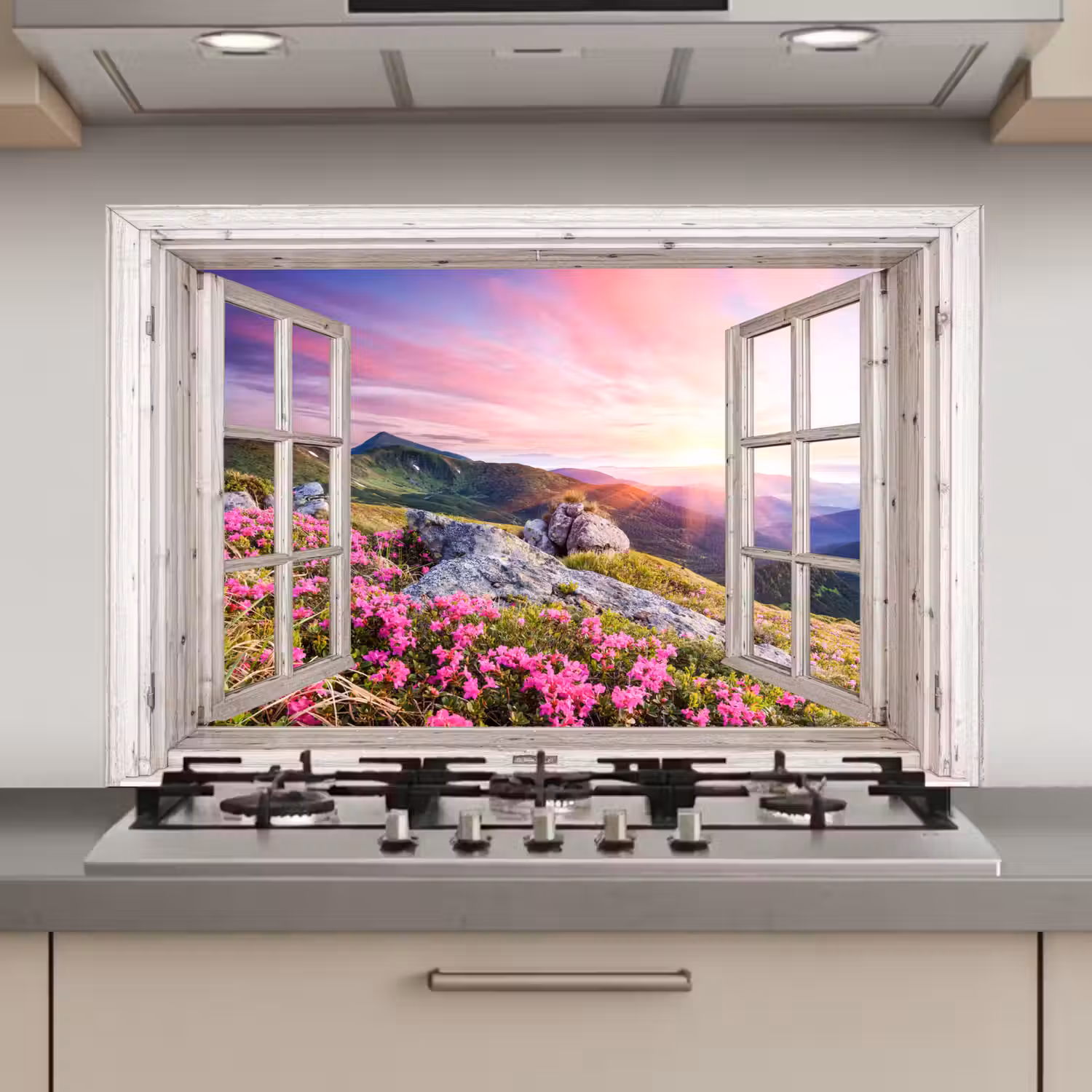 Bergen - Landschap - Doorkijk - Bloemen - Avond - Roze keuken achterwand spatscherm klein -3d_website