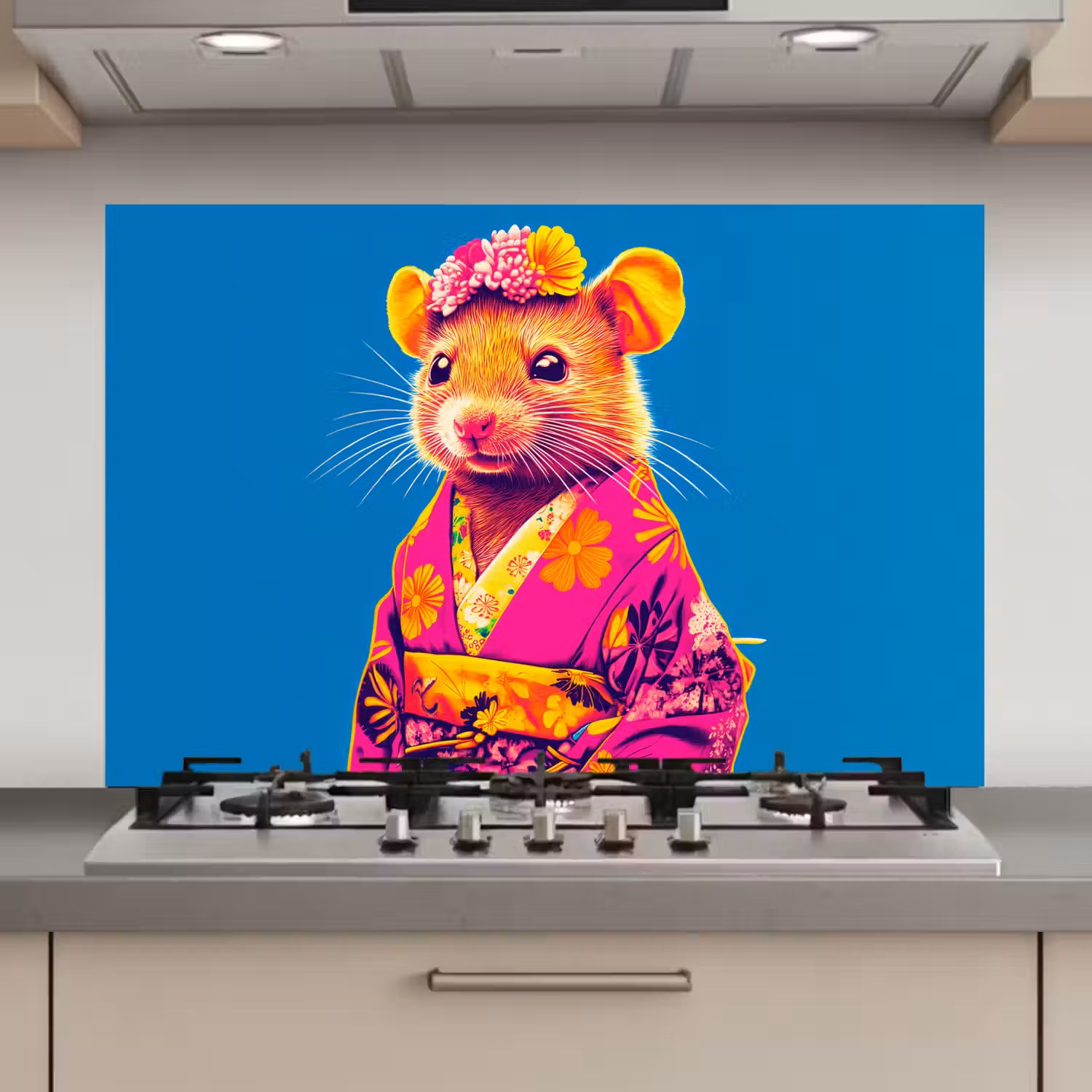 Muis - Kimono - Bloemen - Blauw keuken achterwand spatscherm klein -3d_website
