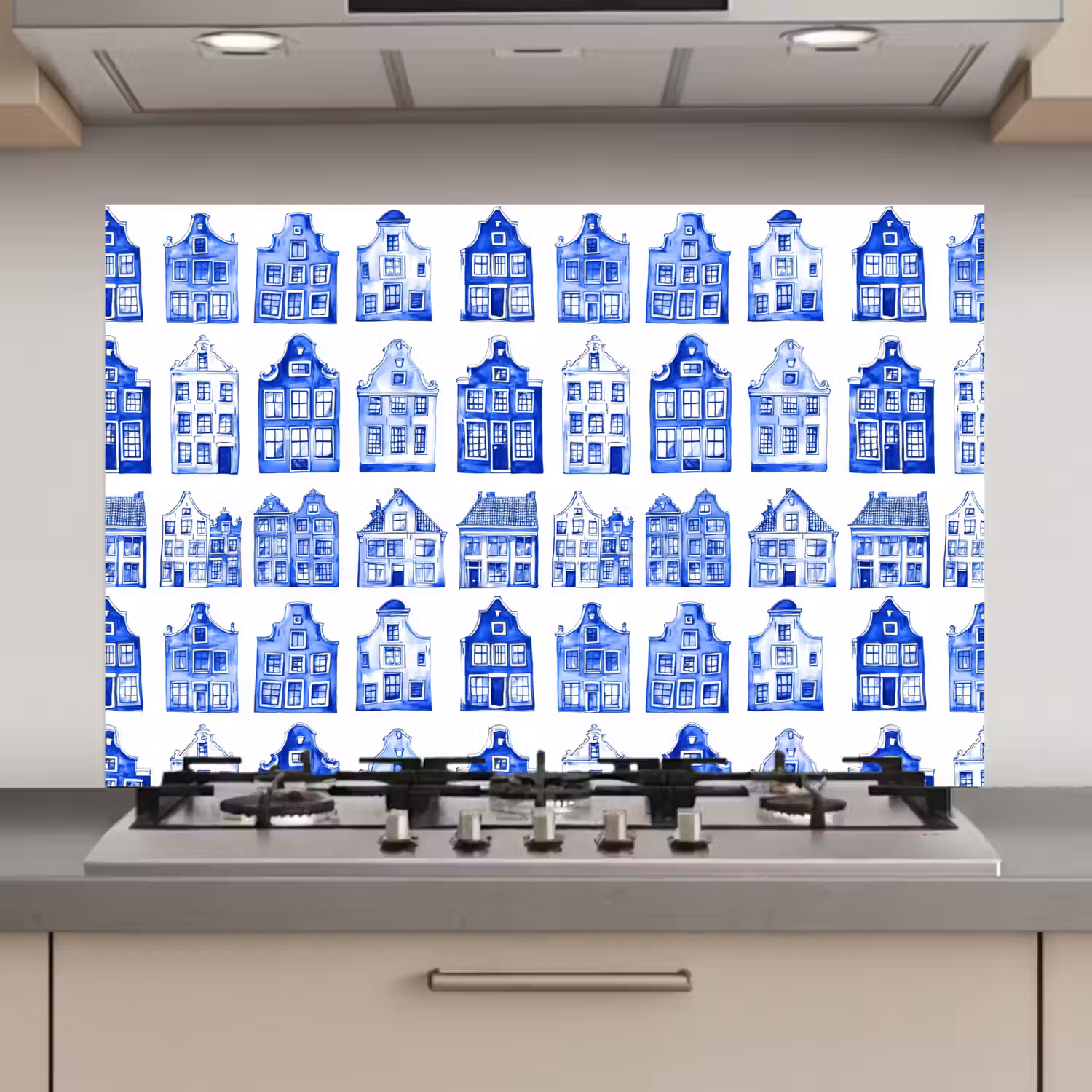 Patroon - Huizen - Blauw keuken achterwand spatscherm klein 900 -3d_website