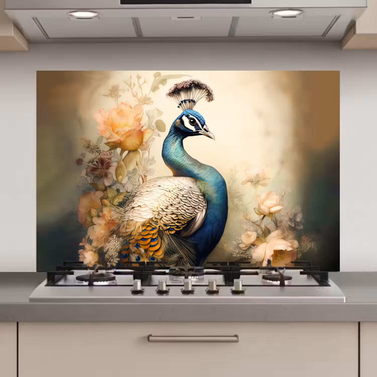 Pauw - Pauwenveren - Bloemen - Vogels - Botanisch keuken achterwand spatscherm klein -3d_website