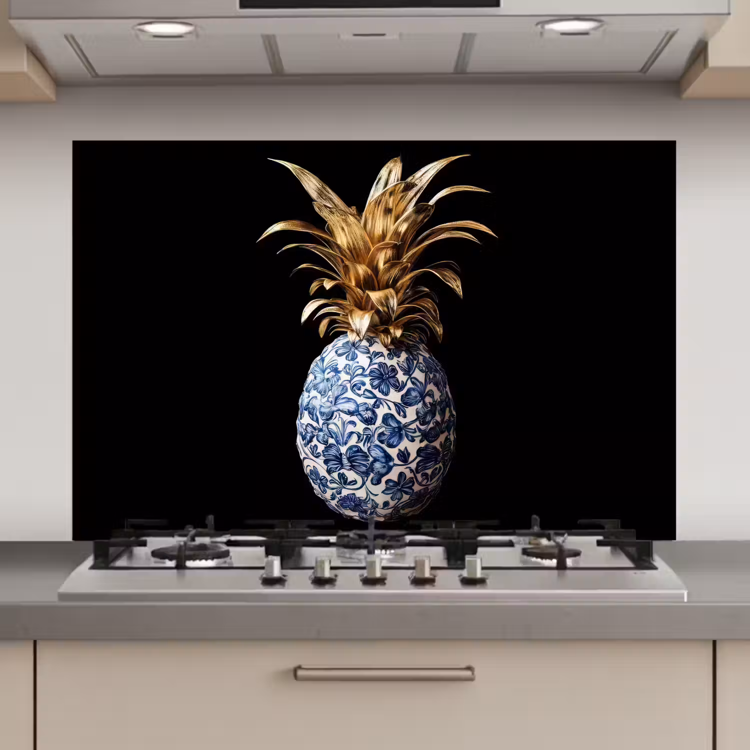 Ananas - Bloemen patroon - Goud - Delftsblauw keuken achterwand spatscherm klein -3d_website