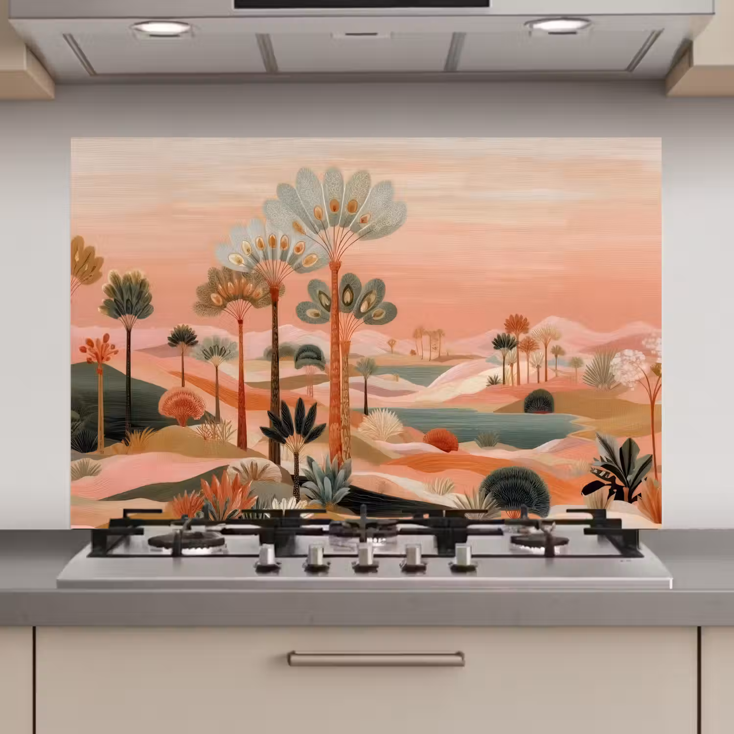Roze landschap - Palmen - Water keuken achterwand spatscherm klein -3d_website