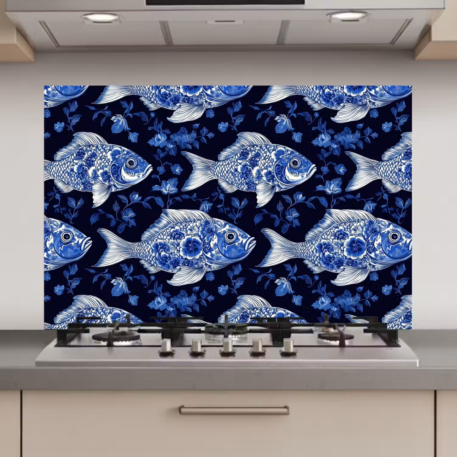 Vissen - Bloemen - Blauw keuken achterwand spatscherm klein 900 -3d_website