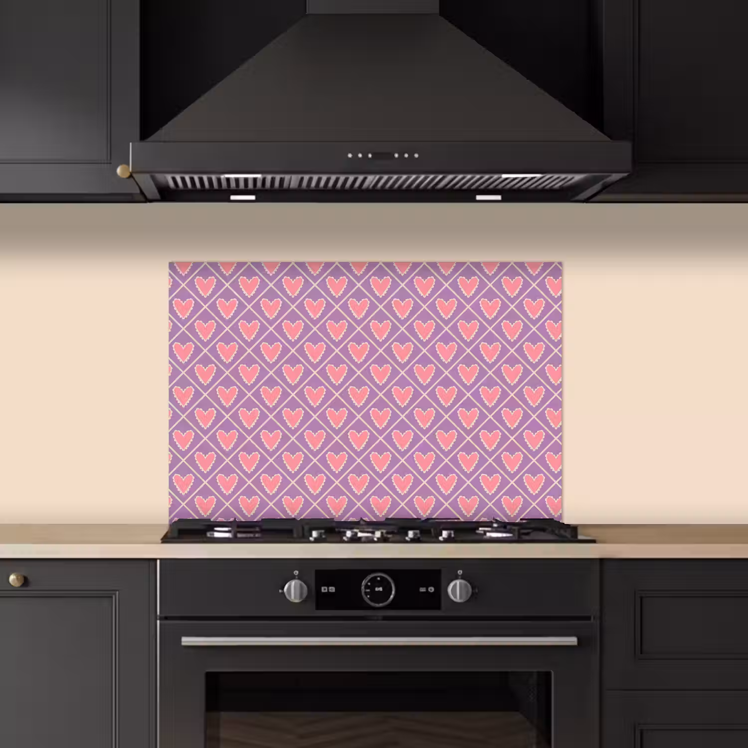 Ruit - Patroon - Paars - Hartjes keuken achterwand spatscherm klein 900 -sfeer1