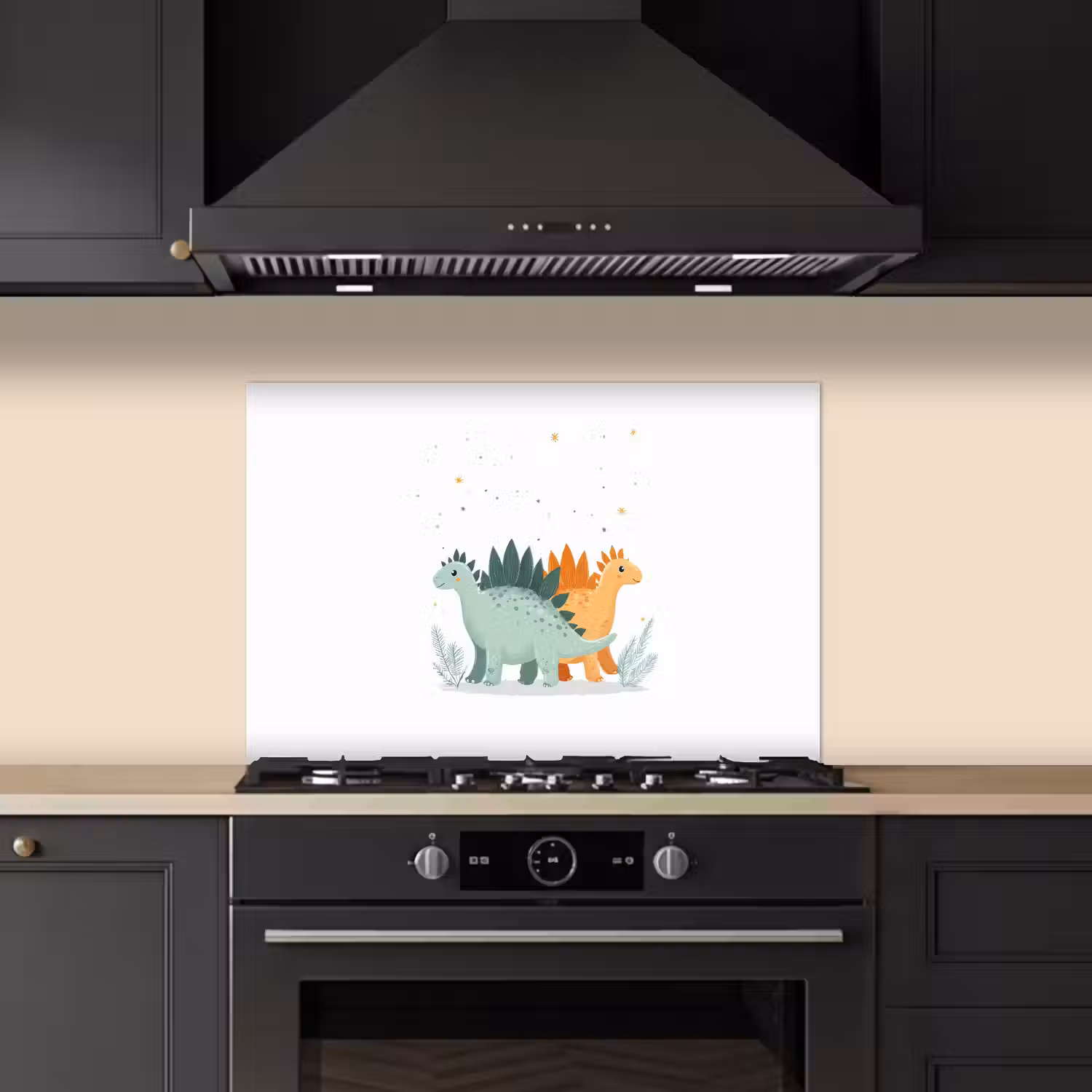Planten - Sterren - Dinosaurussen - Oranje keuken achterwand spatscherm klein -sfeer1