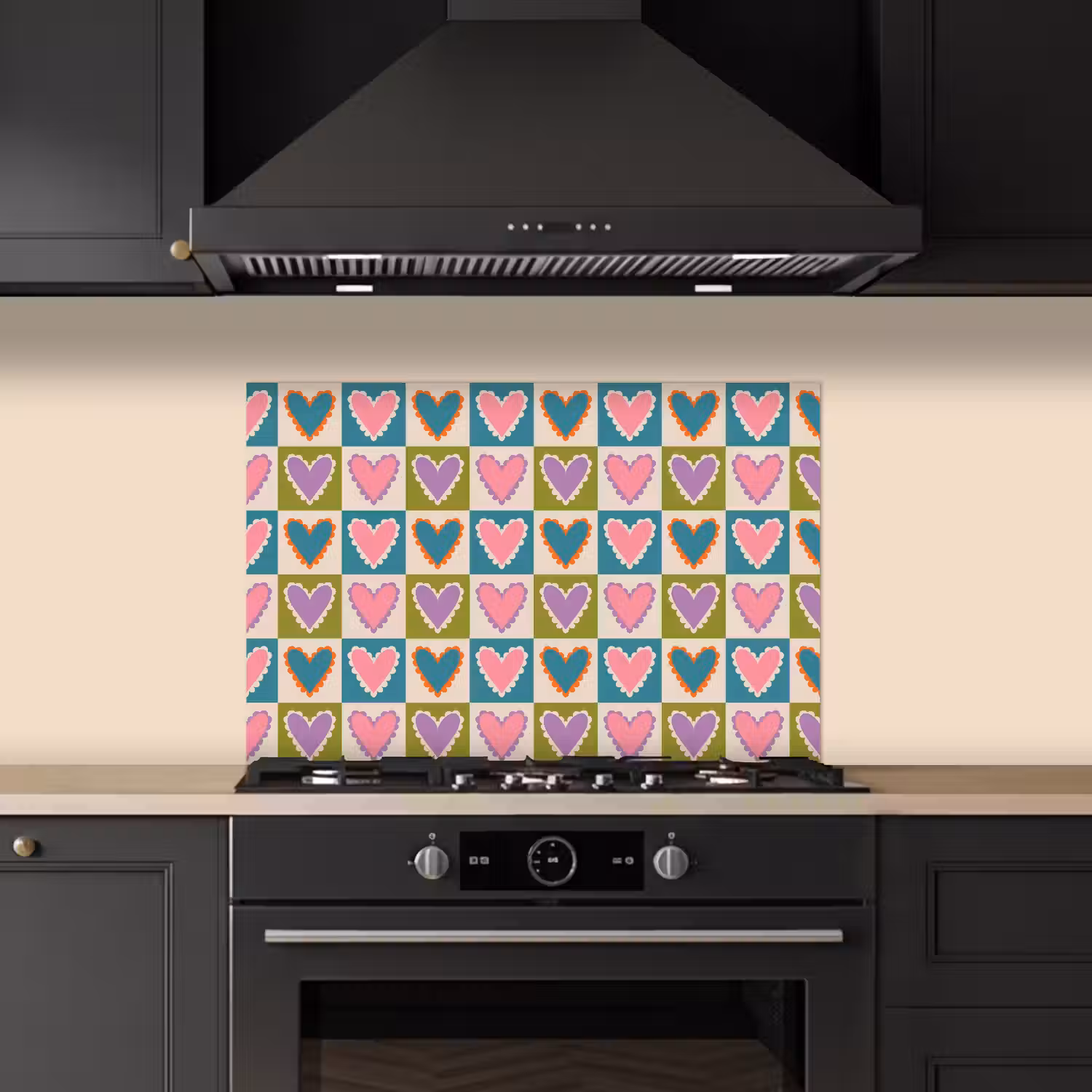 Retro - Kleuren - Patroon - Hartjes keuken achterwand spatscherm klein 900 -sfeer1
