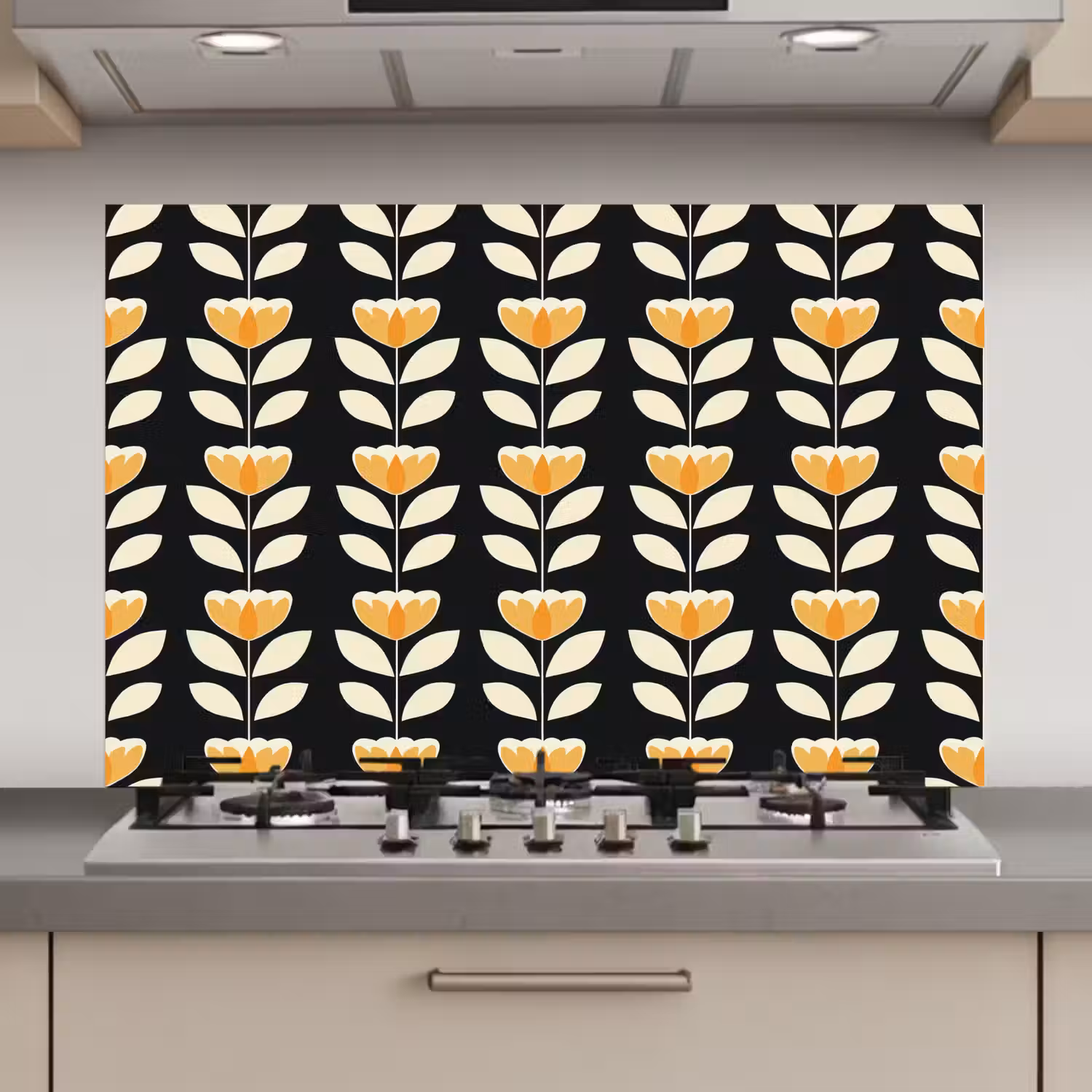 Retro - Bloem - Zwart - Okergeel keuken achterwand spatscherm klein 900 -3d_website