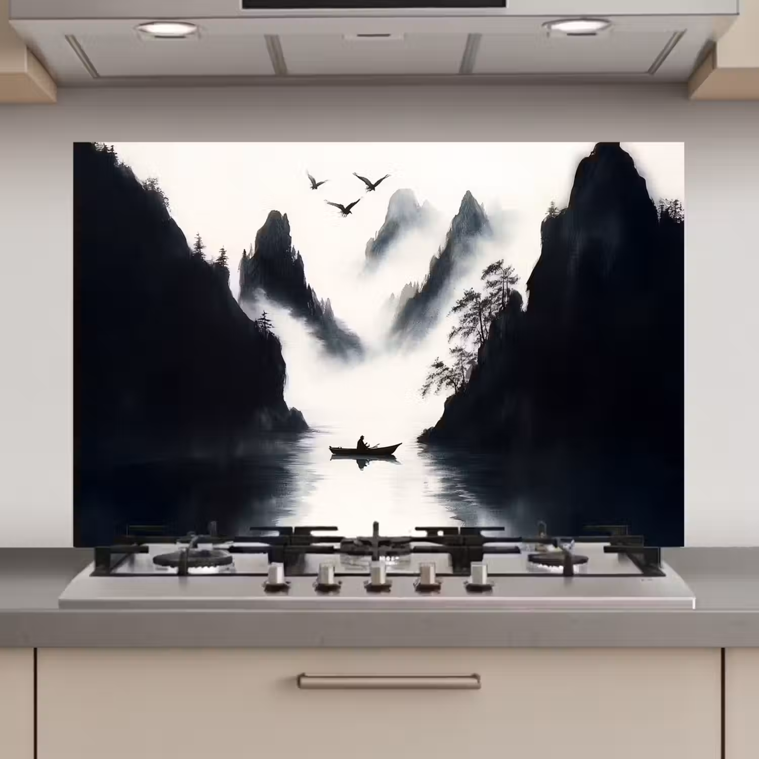 Roeiboot - Mistig - Bergen - Vogels keuken achterwand spatscherm klein -3d_website