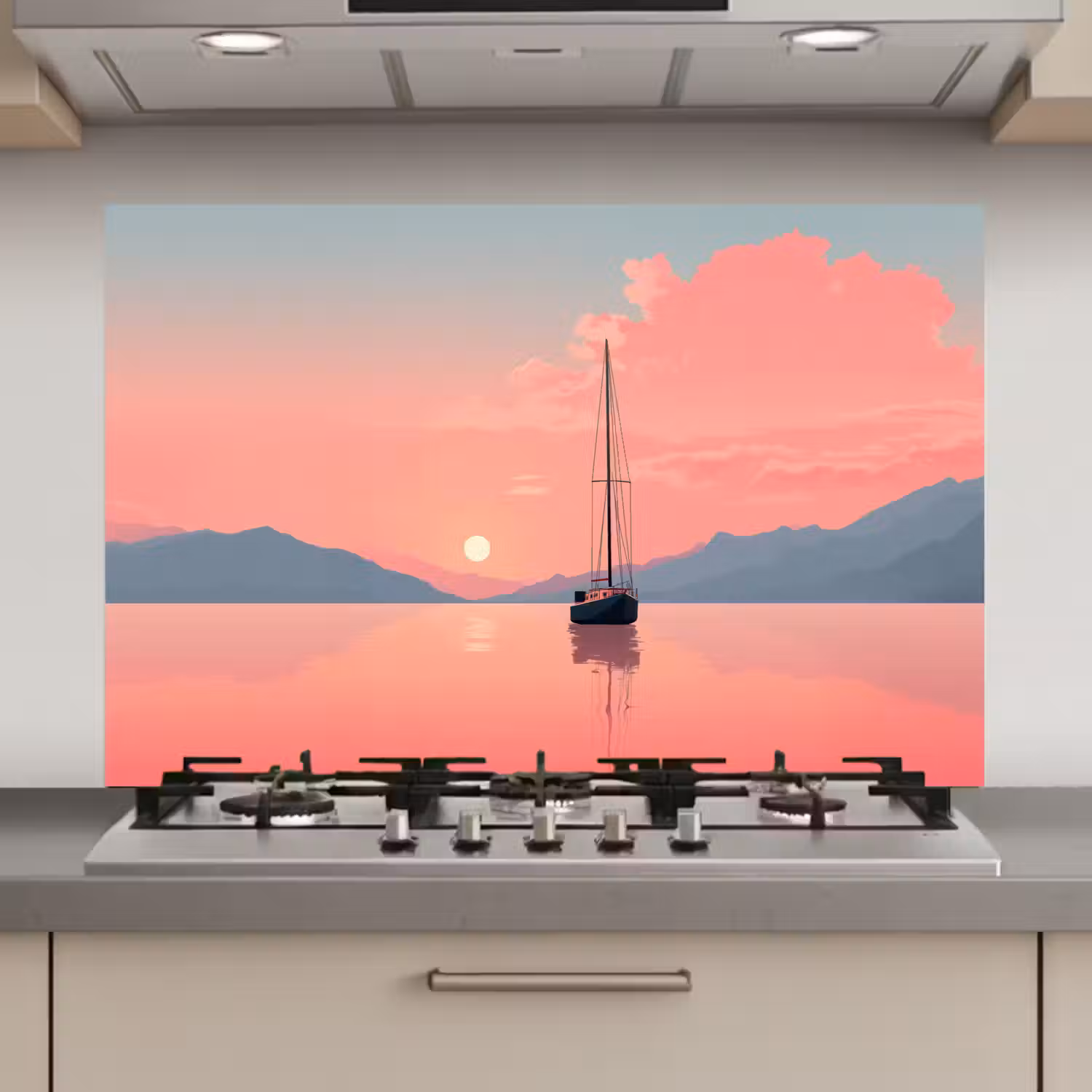 Zeilboot - Roze zee - Zonsondergang - Bergen keuken achterwand spatscherm klein -3d_website