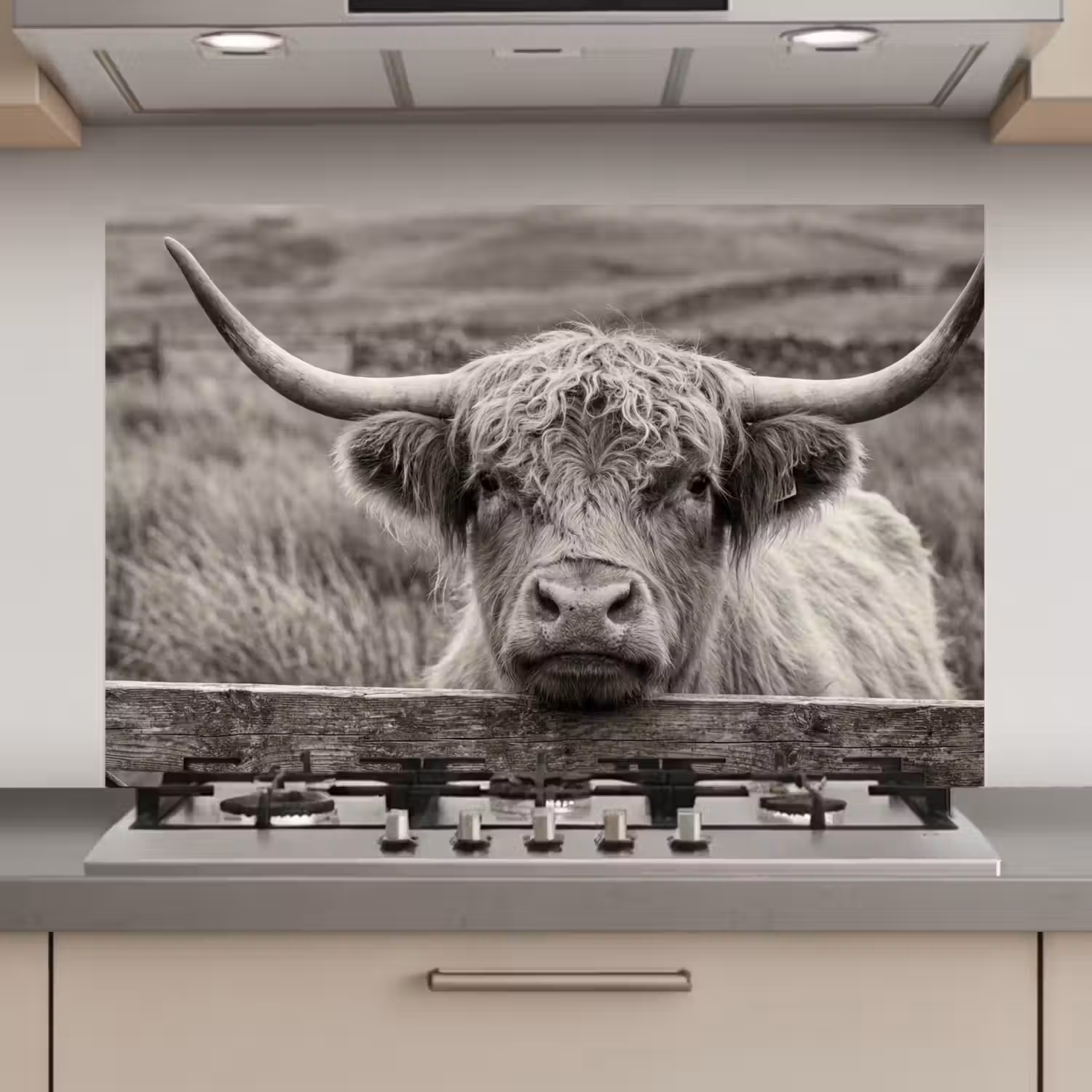 Schotse hooglander - Zwart - Wit - Hout keuken achterwand spatscherm klein -3d_website