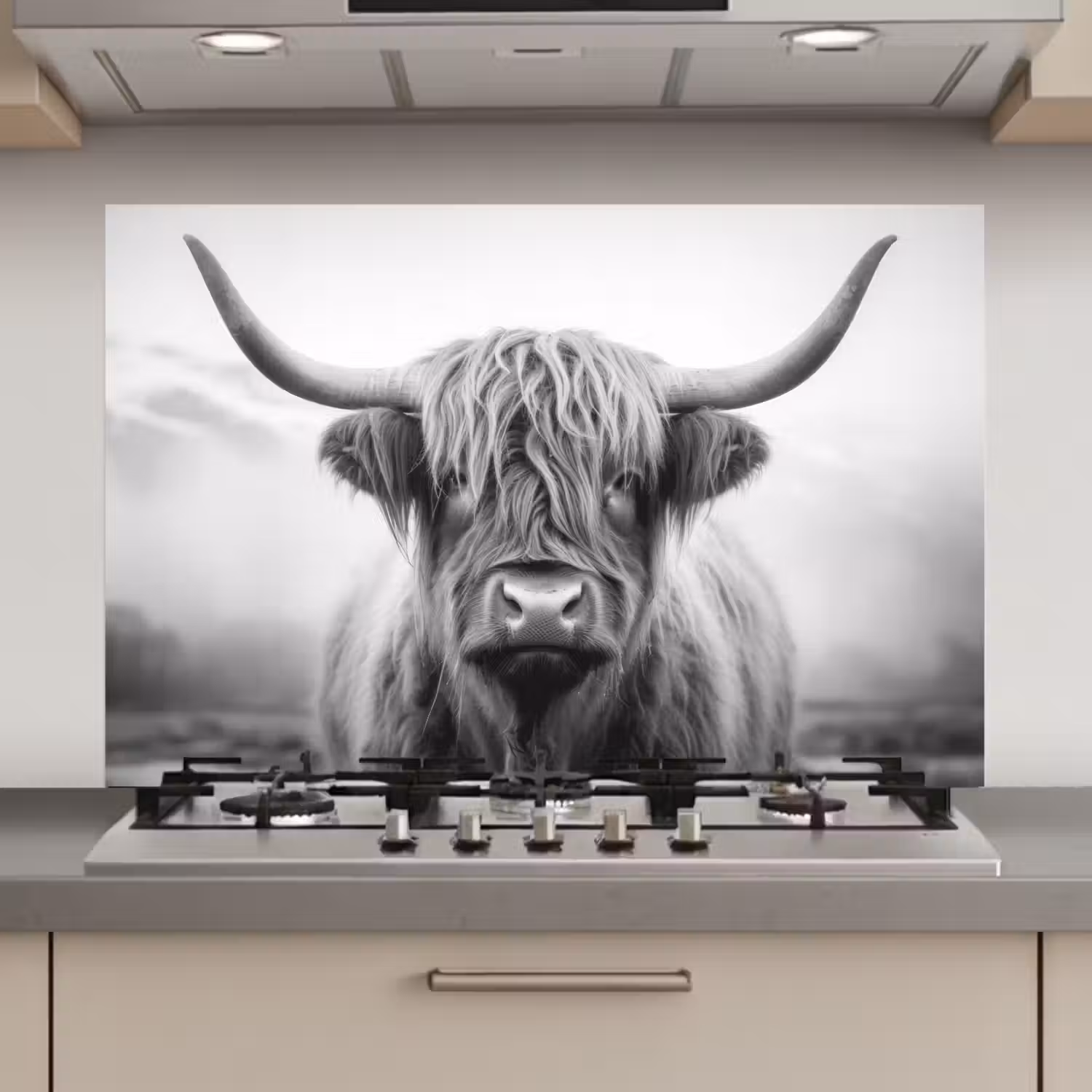 Schotse hooglander - Mist - Zwart - Wit keuken achterwand spatscherm klein -3d_website