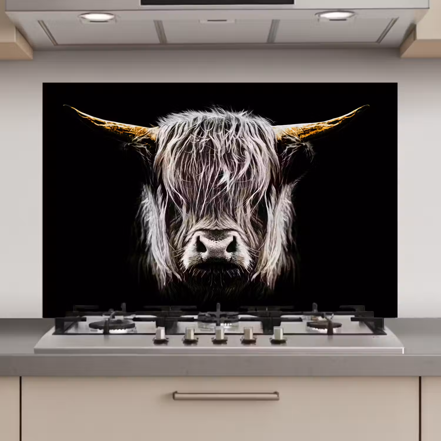 Schotse hooglander - Goud - Hoorns - Zwart wit - Koe - Dieren keuken achterwand spatscherm klein -3d_website