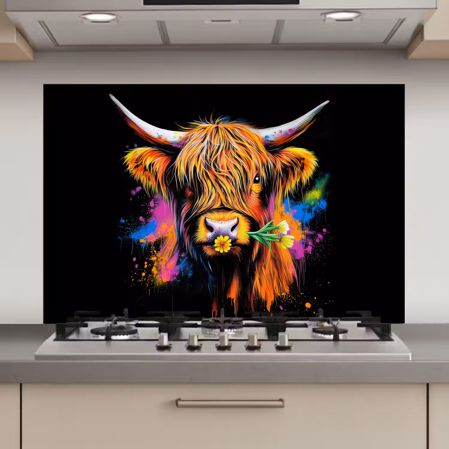 Schotse Hooglander - Graffiti - Kleurrijk - Bloem - Dieren keuken achterwand spatscherm klein -3d_website