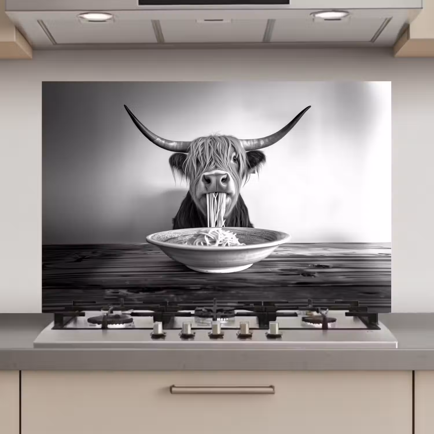 Schotse Hooglander - Spaghetti - Dieren - Zwart wit keuken achterwand spatscherm klein -3d_website