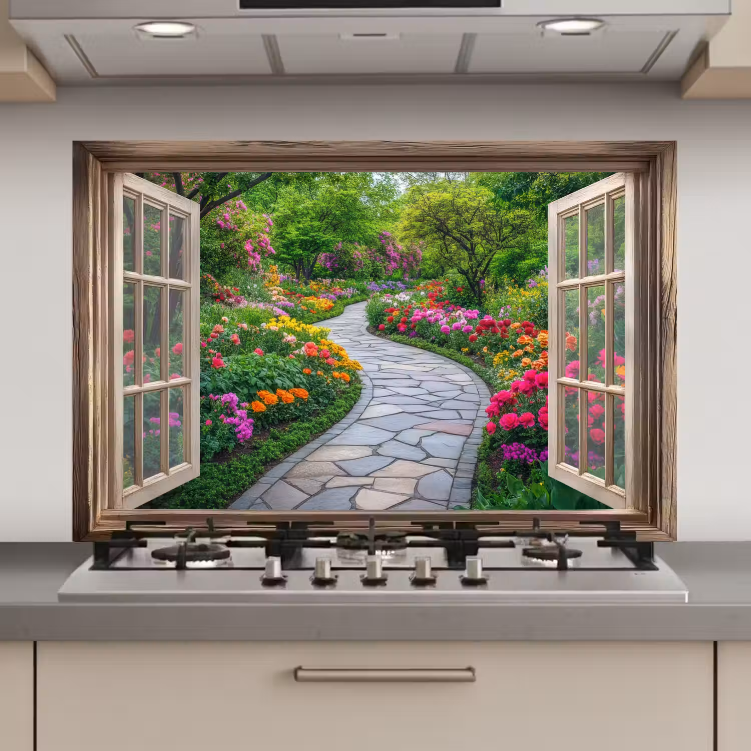 Doorkijk - Bloemen - Tuinpad - Natuur - Raam keuken achterwand spatscherm klein -3d_website