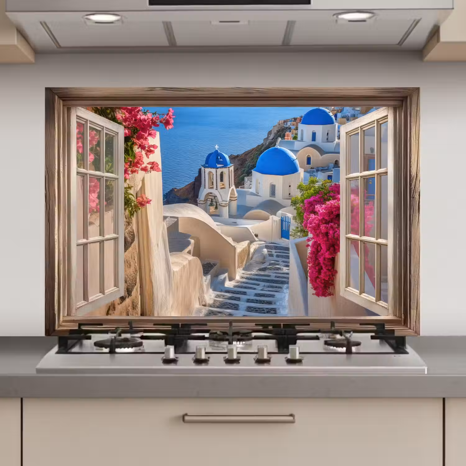Doorkijk - Santorini - Landschap - Blauw - Grieks keuken achterwand spatscherm klein -3d_website