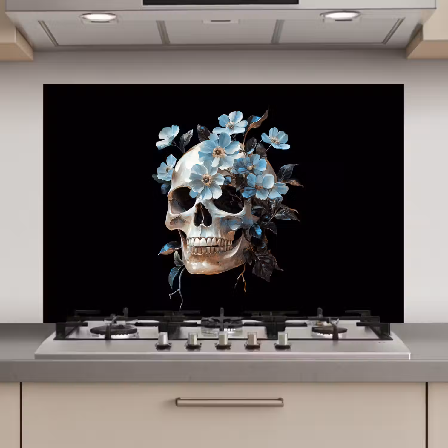 Schedel - Blauw - Bloemen - Bladeren keuken achterwand spatscherm klein -3d_website