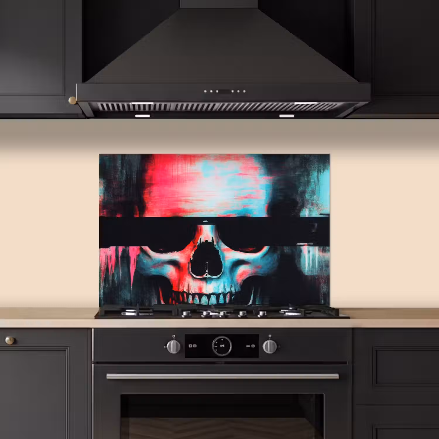 Schedels - Glitch - Cyberpunk keuken achterwand spatscherm klein -sfeer1