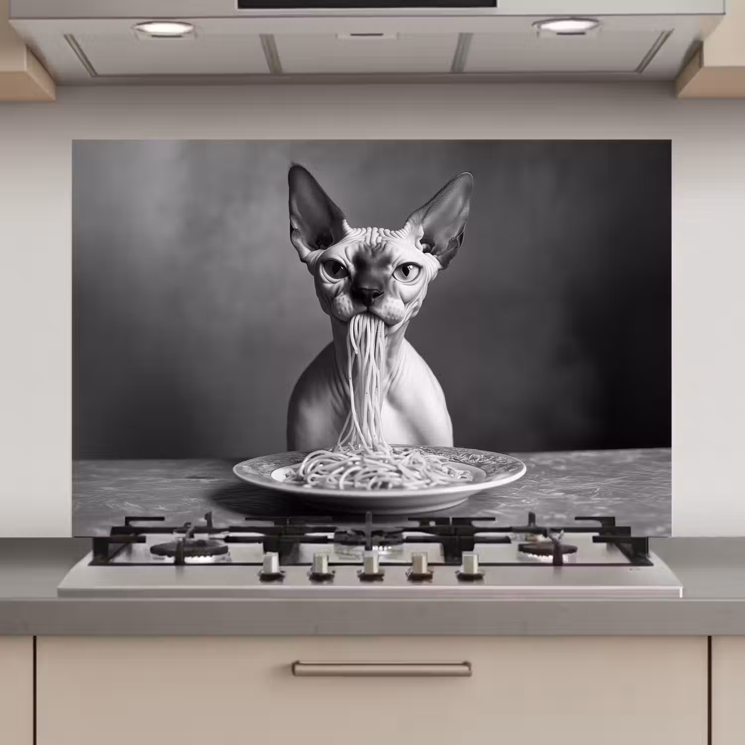 Sphynx - Kat - Dieren - Humor - Spaghetti - Zwart Wit keuken achterwand spatscherm klein -3d_website