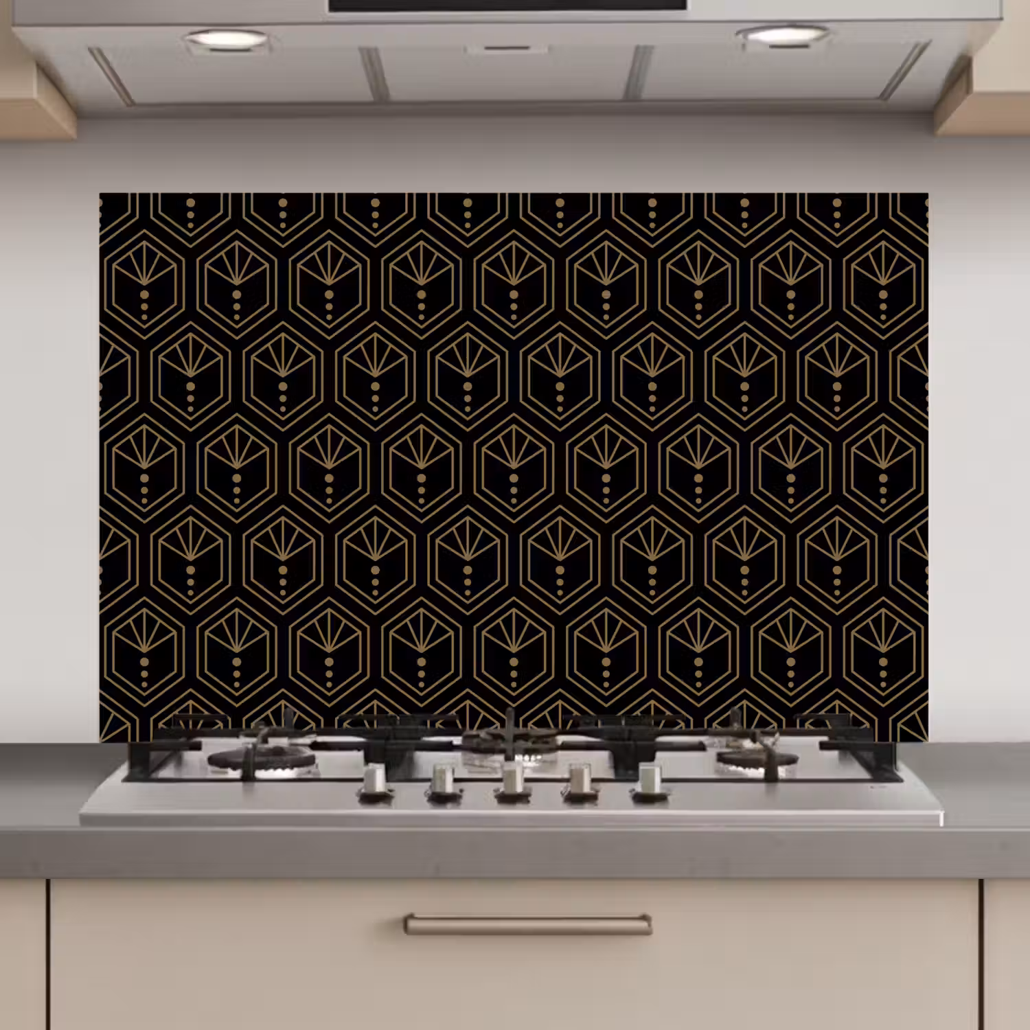 Zonnestraal - Zwart - Goud - Stippen keuken achterwand spatscherm klein 900 -3d_website