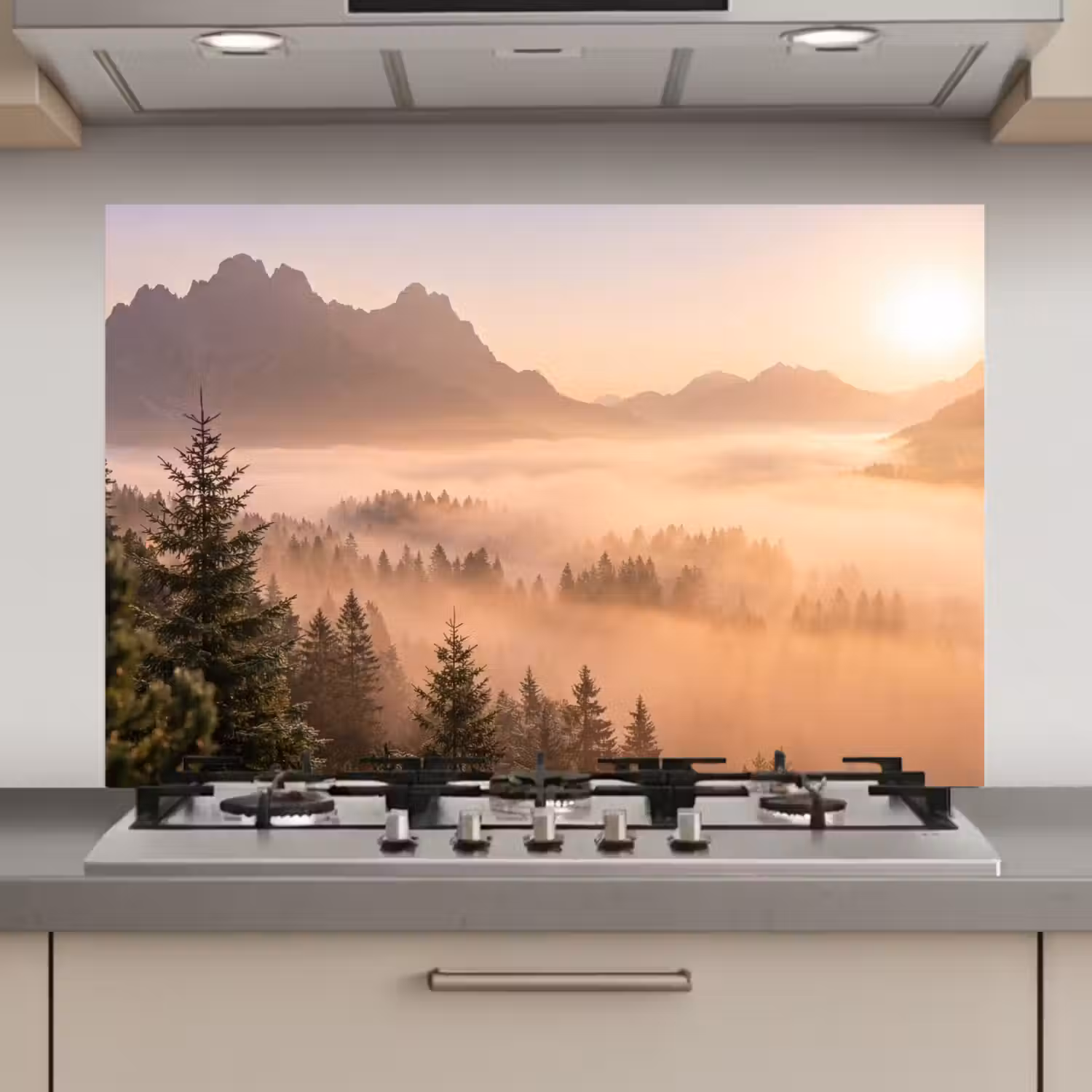 Zonlicht - Mist - Bergen - Bomen keuken achterwand spatscherm klein -3d_website