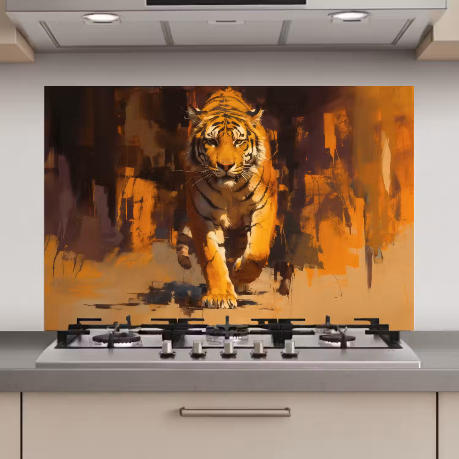 Tijger - Geschilderd - Oranje - Penseelstreken keuken achterwand spatscherm klein -3d_website
