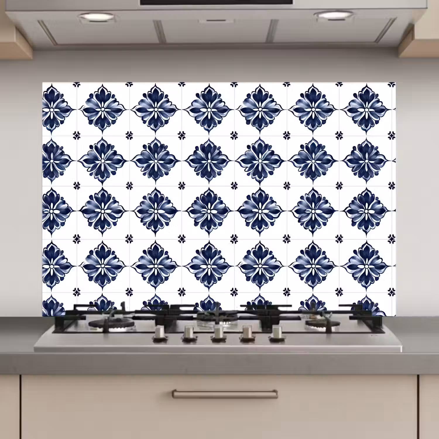 Tegelmotief - Blauw - Wit - Bloem keuken achterwand spatscherm klein 900 -3d_website