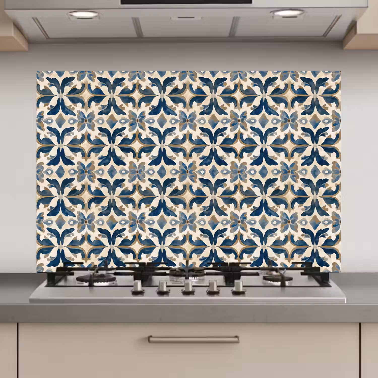 Tegel - Patroon - Blauw - Beige keuken achterwand spatscherm klein 900 -3d_website