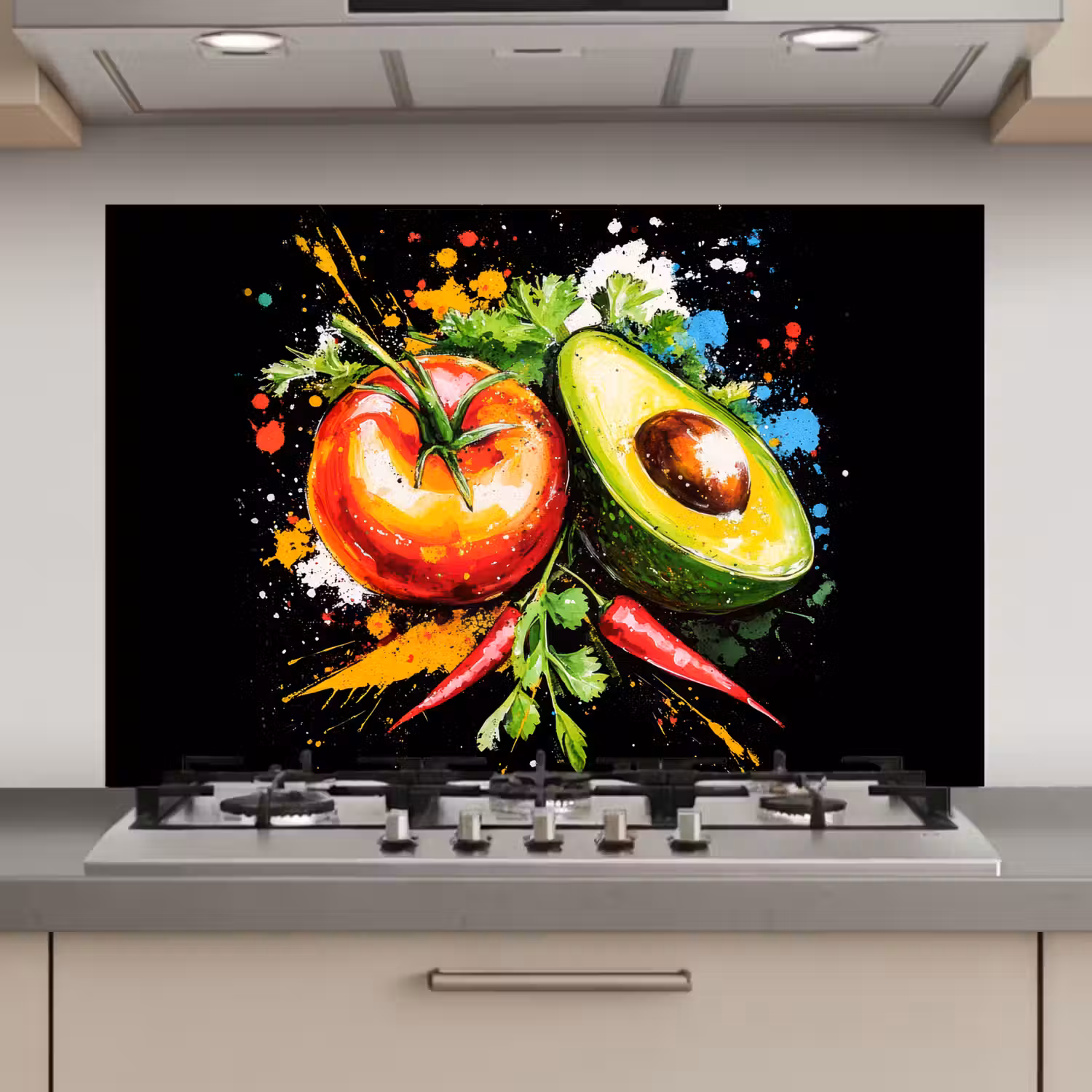 Tomaat - Avocado - Peper - Graffiti - Verf - Modern keuken achterwand spatscherm klein -3d_website