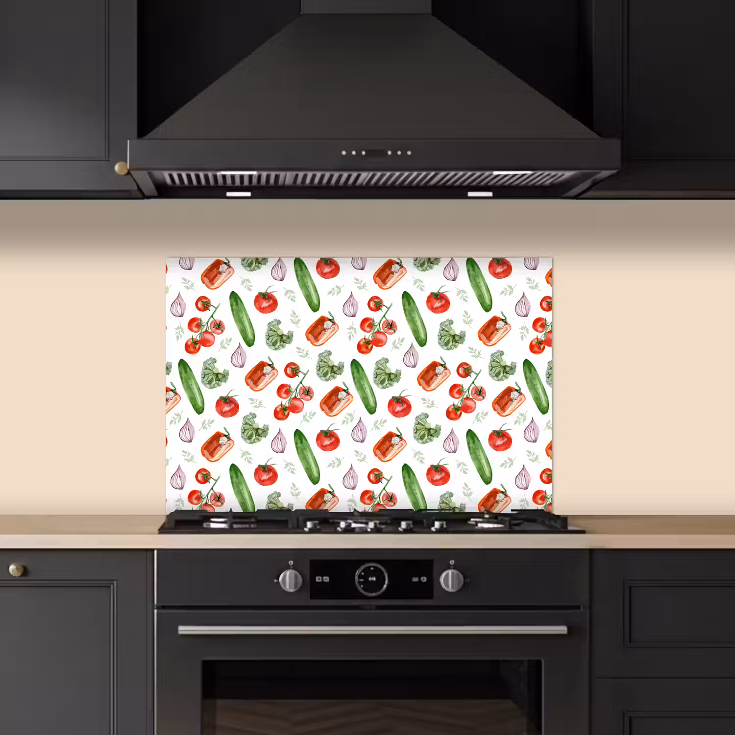 Tomaat - Paprika - Komkommer - Patroon keuken achterwand spatscherm klein 900 -sfeer1