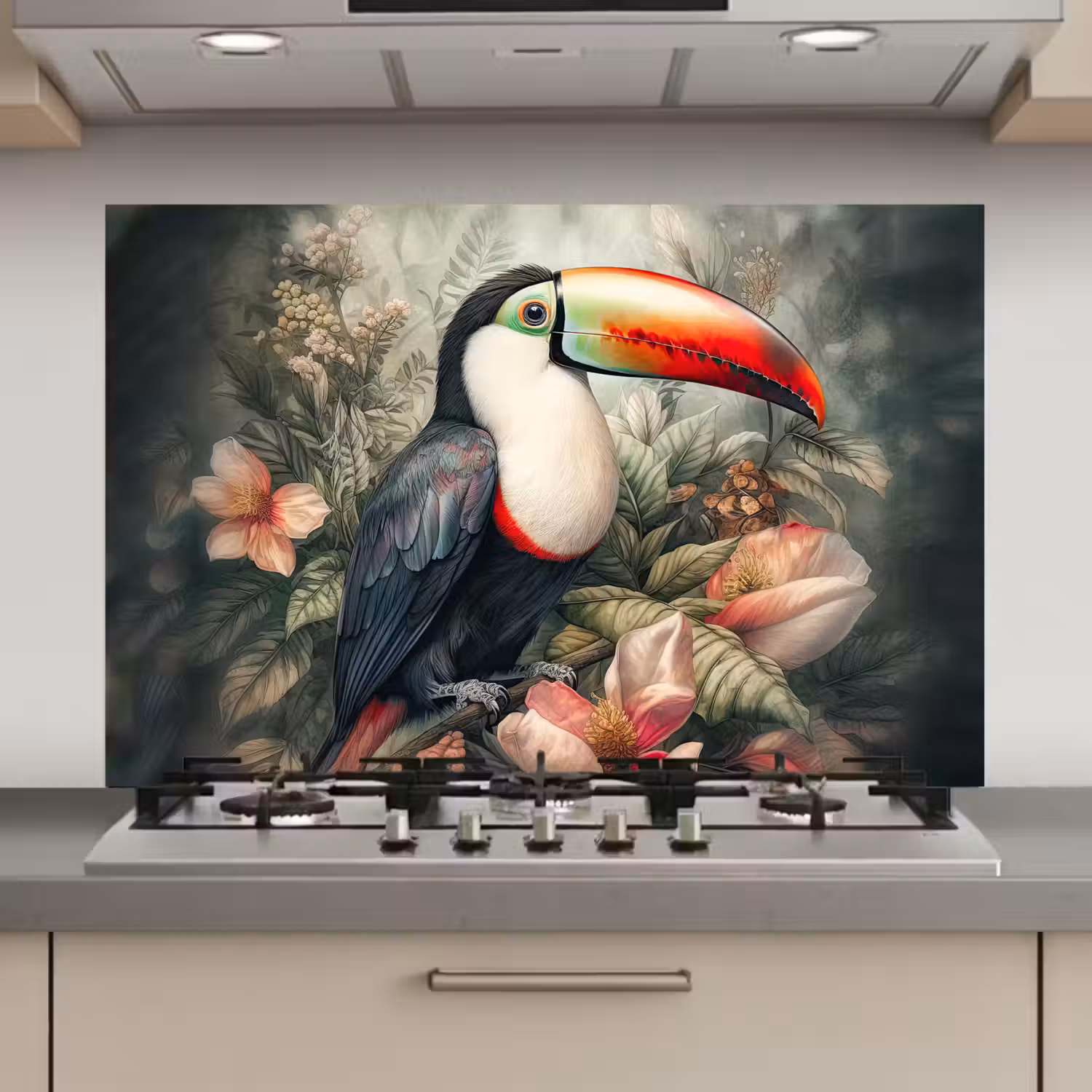 Toekan - Vogels - Bloemen - Planten - Tropisch keuken achterwand spatscherm klein -3d_website